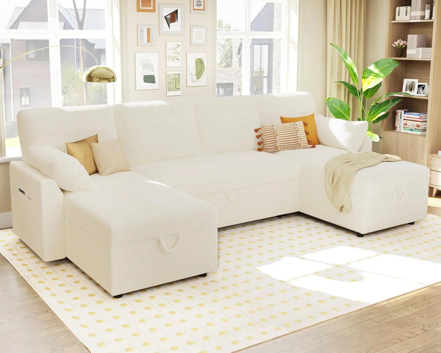 AMERLIFE Sleeper Sofa, 110 inch Overisze - 2 in 1 Pull Out Bed, Sectional Sleeper Sofa with Double Storage Chaise for Living Room, White Boucle Couch