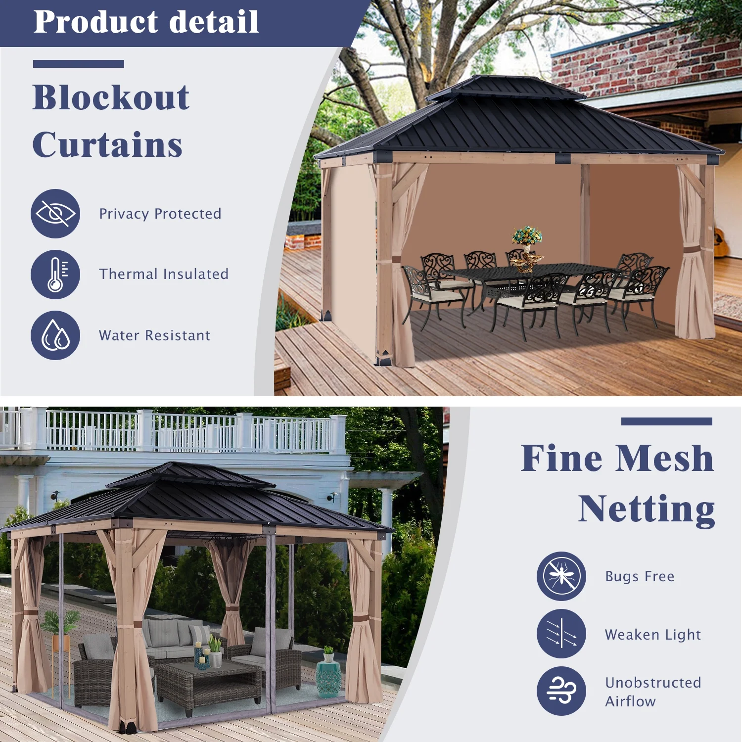 HEAVDUTY Hardtop Wood Gazebo 10x12 ft – Cedar Wood Frame Gazebo with Double Metal Roof – Patio Gazebo Kits with Mosquito Netting & Curtains – Outdoor Wooden Gazebos Pavilion for Backyard and Deck