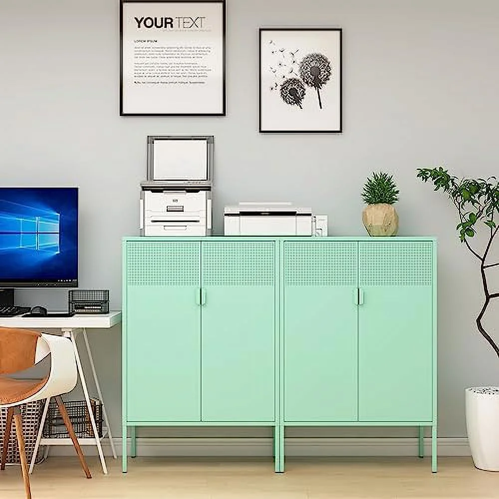 HBBOOMLIFE Metal Locker  Cabinet with Mesh Door & Adjustable Shelves Metal Sideboard Bathroom  Cabinet Metal Dresser Steel Cabinet for Home Office Kitchen (Mint Green)