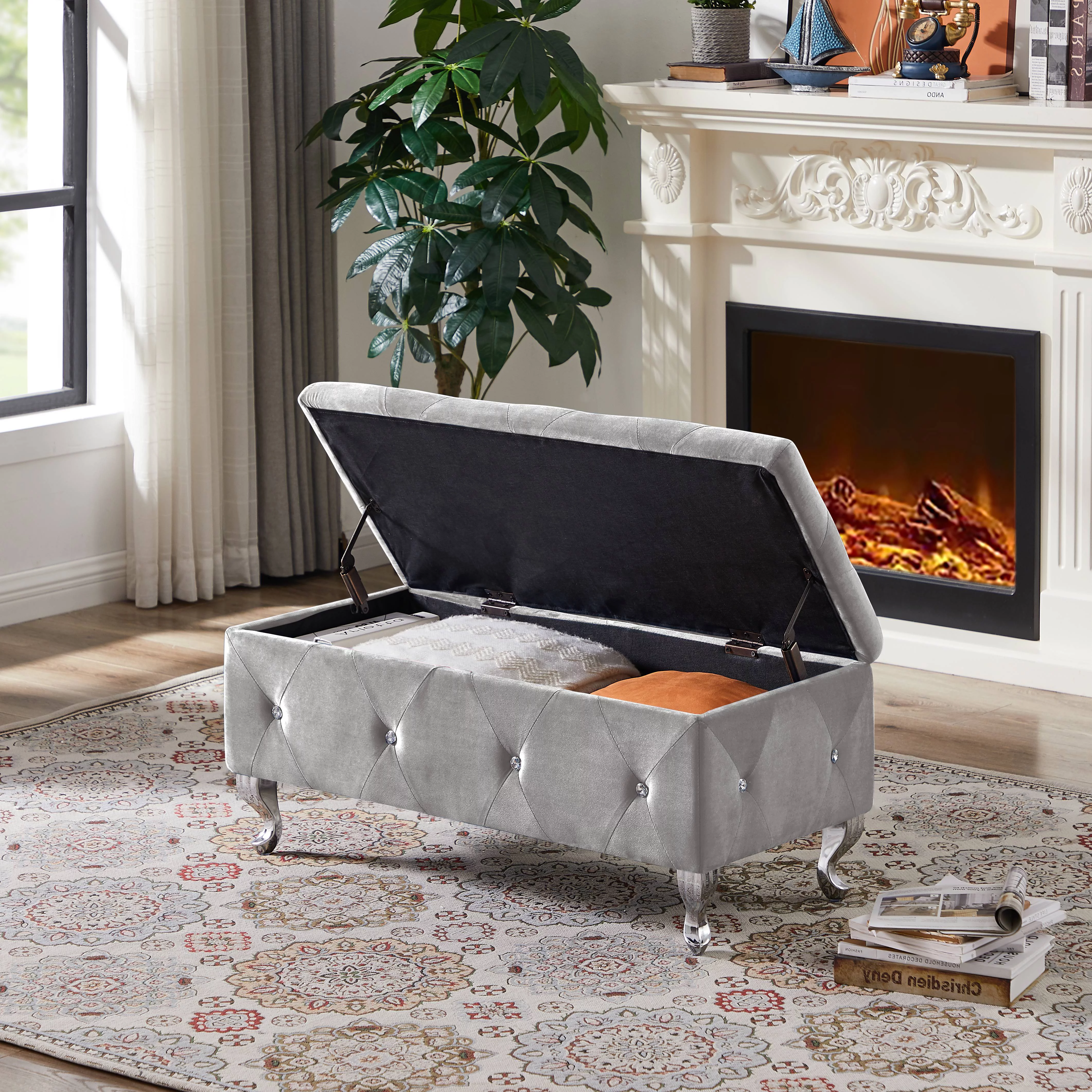 Seizeen Upholstered Storage Bench, Entryway Flip Top Bench with Safety Hinge, Storage Chest with Padded Seat, Bed End Ottoman with Storage for Bedroom, Holds up to 250lb, Silver Velvet, L0262