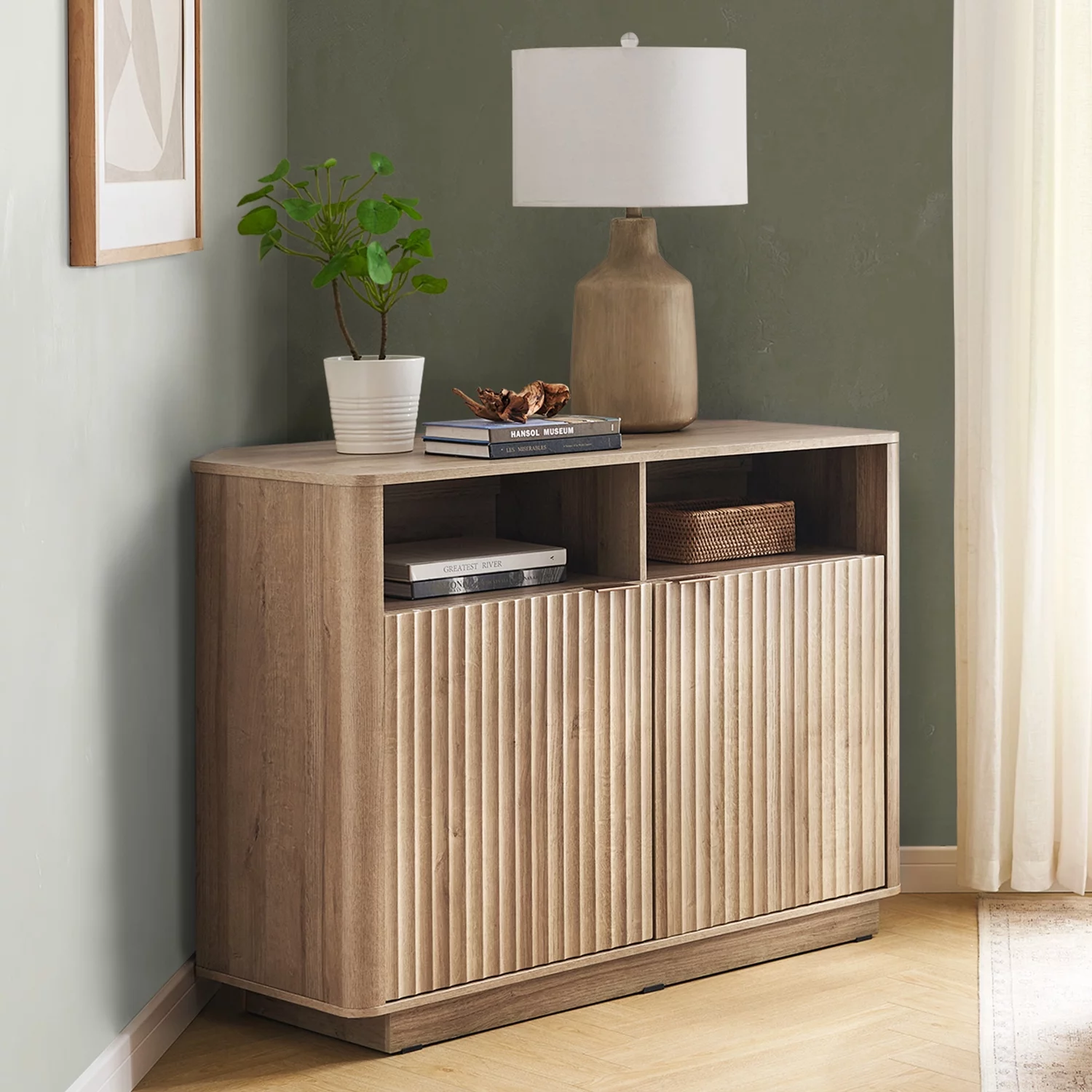 Mopio Brooklyn Mid-Century Modern Storage Cabinet, Corner TV Stand for TVs up to 50