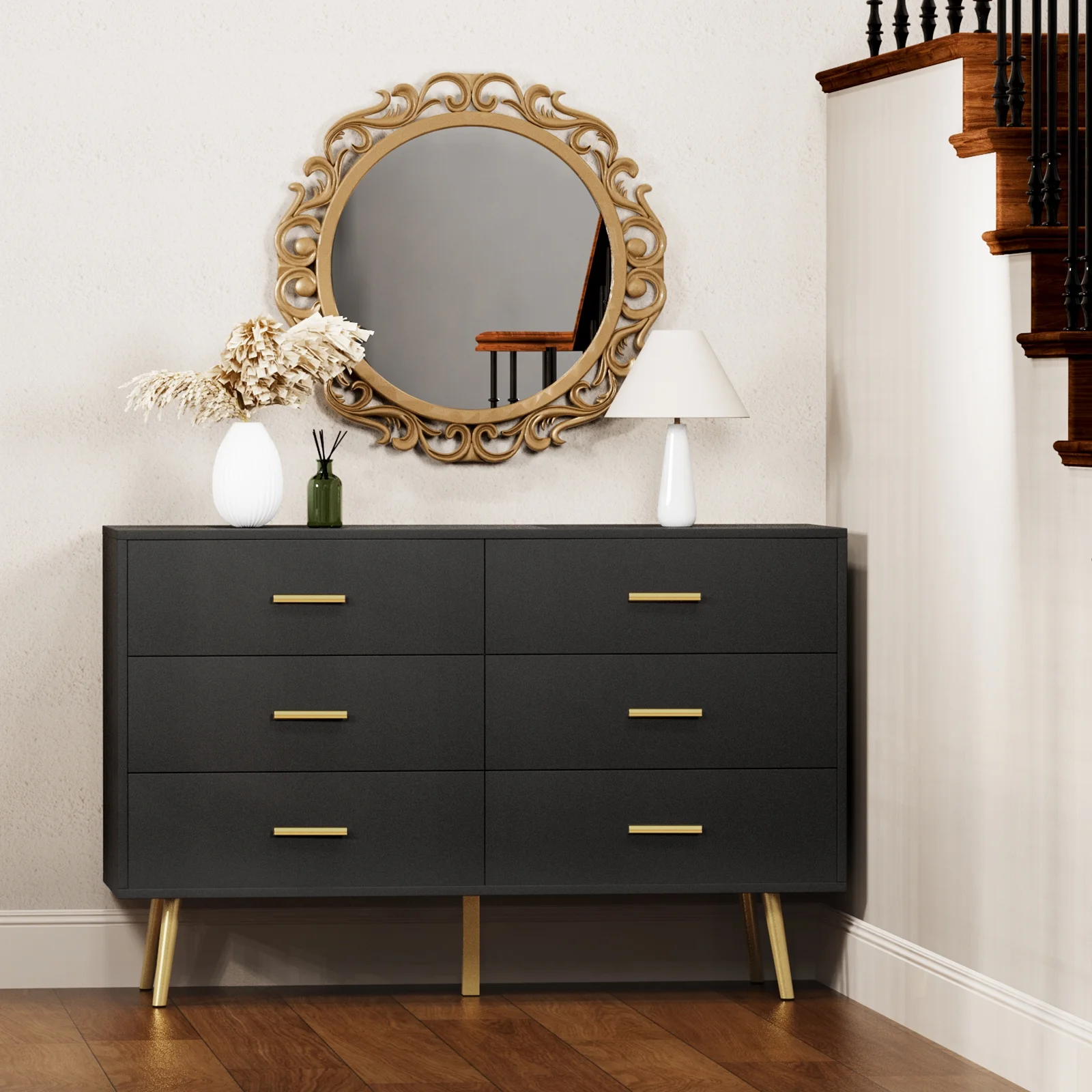 REHOOPEX Black Dresser for Bedroom, Wood Dressers & Colthes Chests of 6 Drawers for Home