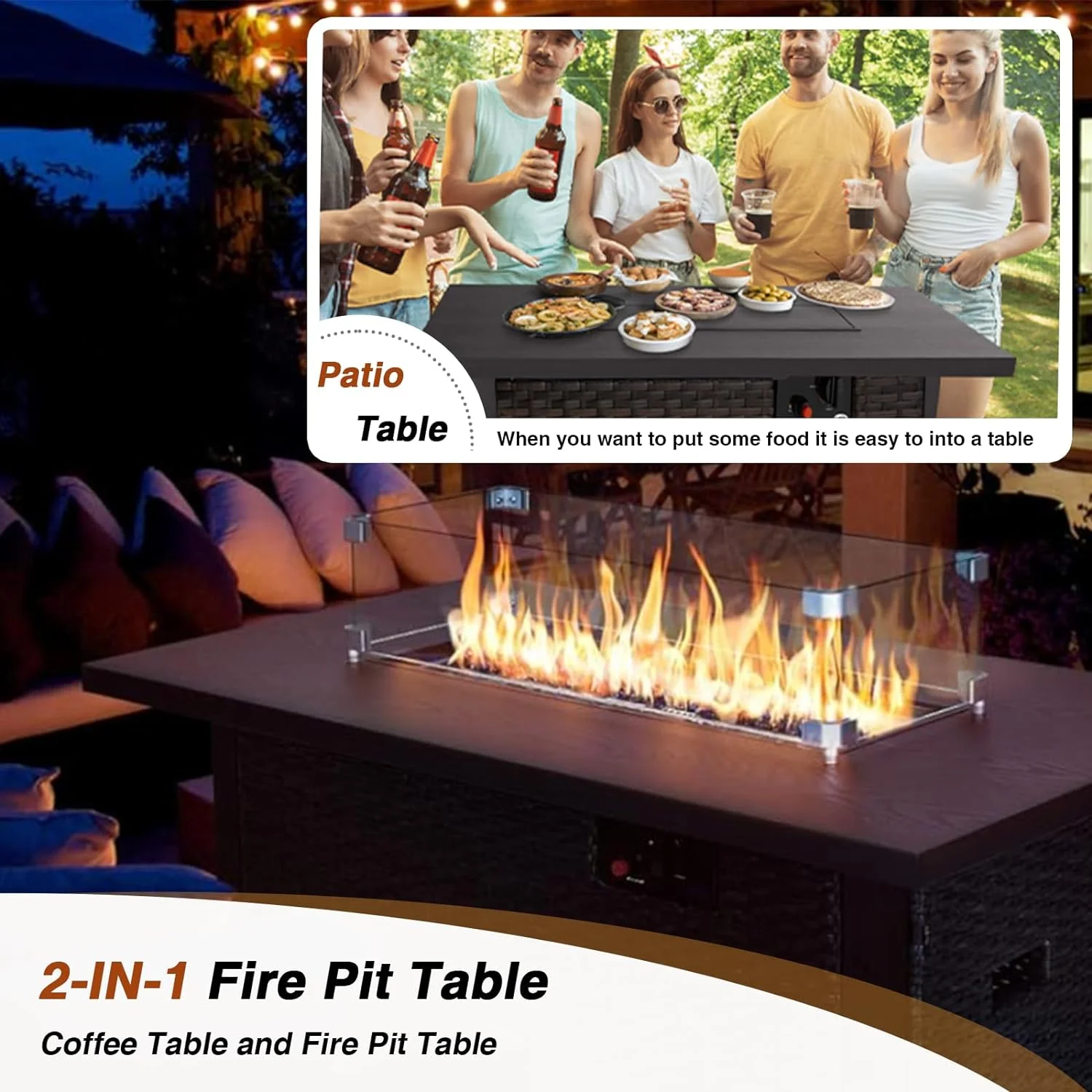 Gaildon 7 Piece Patio Furniture Set with Fire Pit Table, All Weather Outdoor Sectional PE Rattan, Patio Conversation Sets with Cushions and Glass Coffee Table for Garden Lawn Balcony Porch Deck