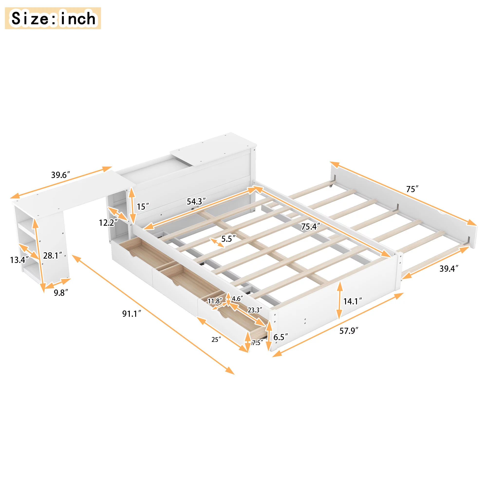 Churanty Full Size Platform Bed Frame with Rolling Desk and Storage Headboard Modern Wood Bed Frame with Trundle and Drawers,White