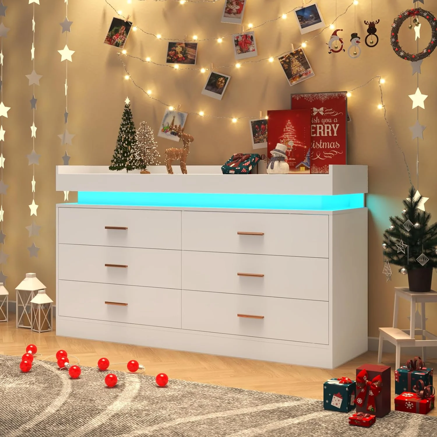 ChVans White Dresser with LED Light, Modern Wood Dresser with Wide Drawers and Metal Handles, 6 drawer dresser for Bedroom, Living Room, Entryway, Hallway(White)