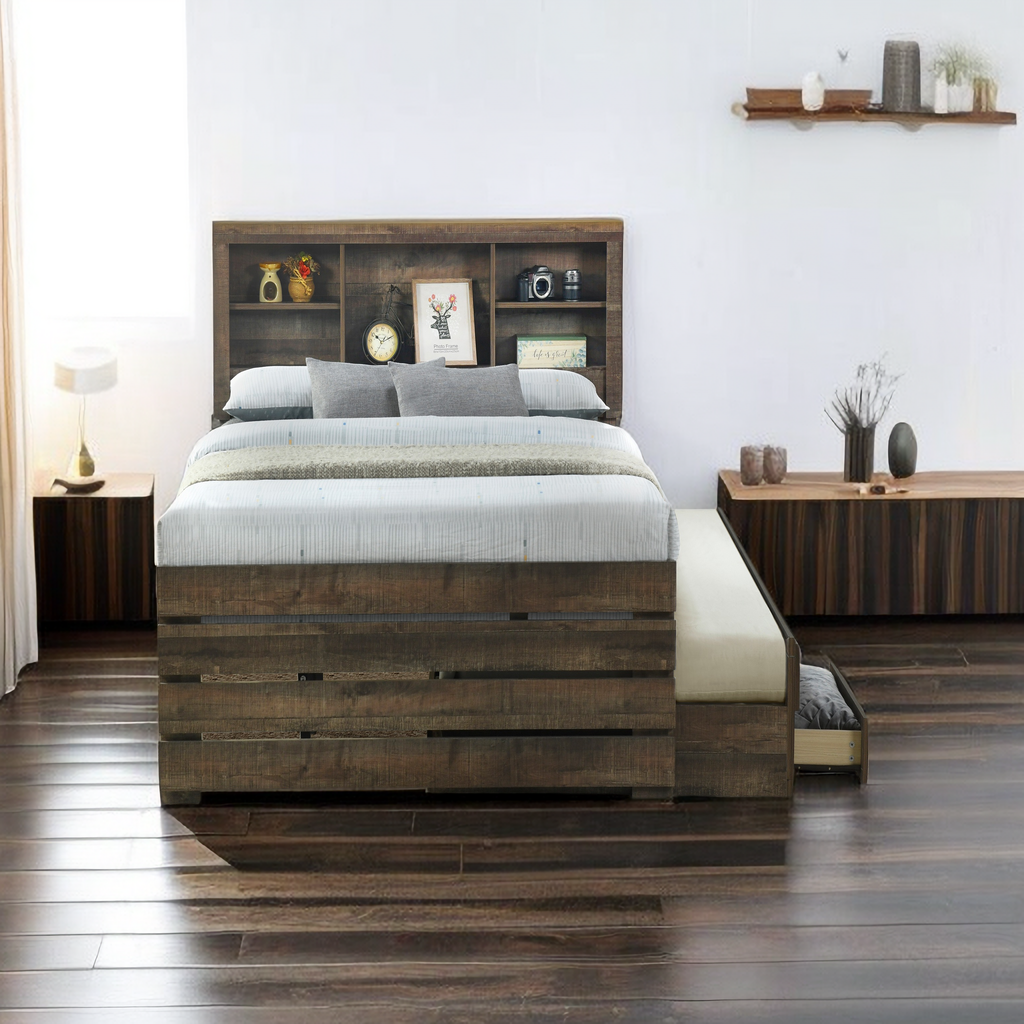 Farmhouse Style Twin Size Captain Platform Bed with Trundle,Wooden Bookcase Bedframe with 3 Spacious Under Bed Drawers in Casual for Bedroom/Guestroom