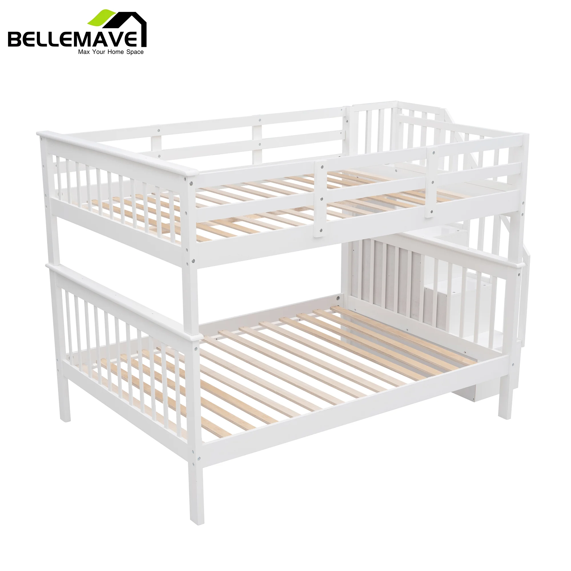 BELLEMAVE Full over Full Bunk Beds for Kids, Kids Bunk Beds with Storage Stairs and Full-Length Guardrail, Convertible Into 2 Bed, No Box Spring Needed(White)