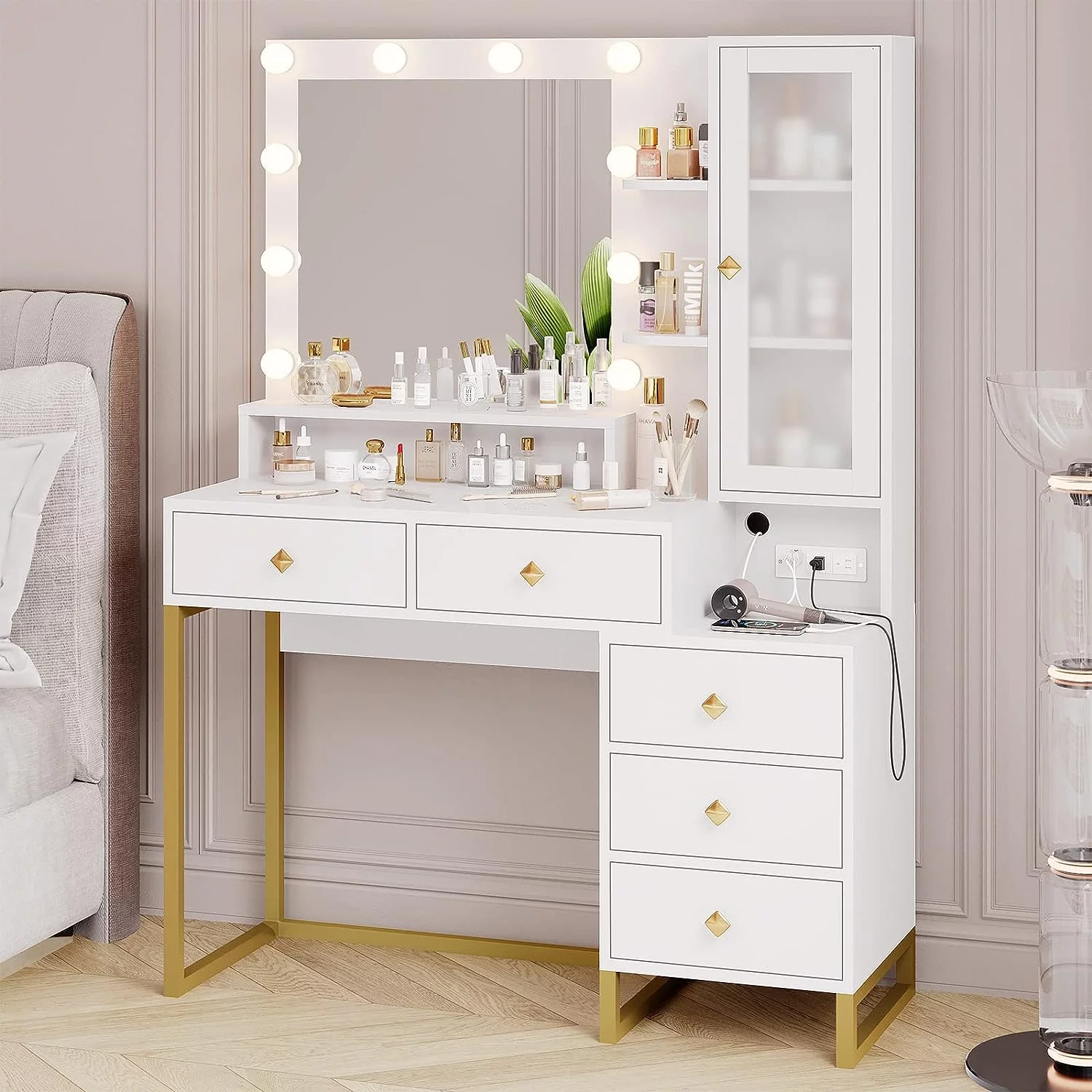 Makeup Vanity with Lights, Vanity Table with Charging Station,Mirror,Makeup Table with with 5 Drawers and Storage Shelves, White