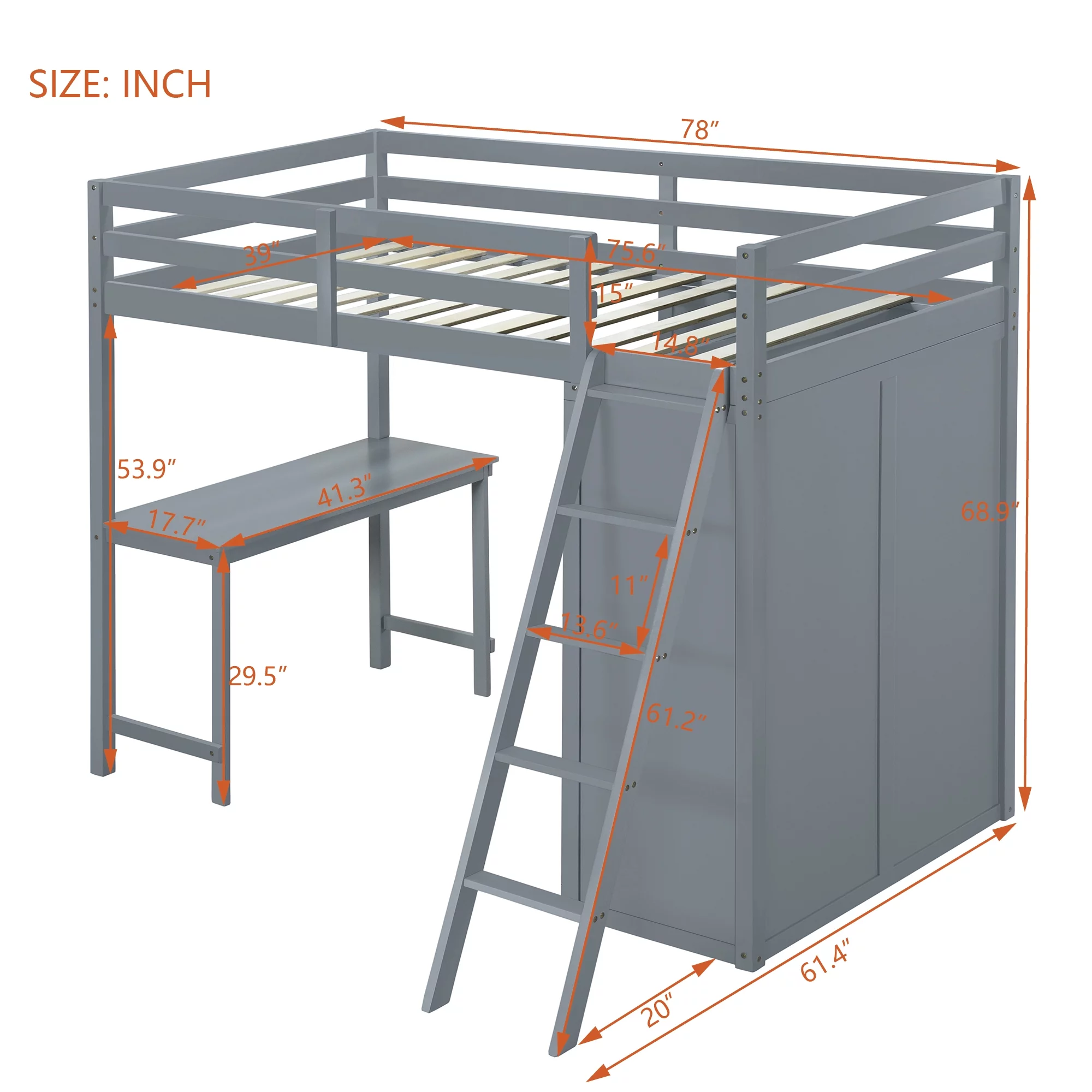 Churanty Twin Size Loft Bed with Wardrobe and Desk for Kids, Wood High Twin Loft Bed Frame with Shelves,Gray