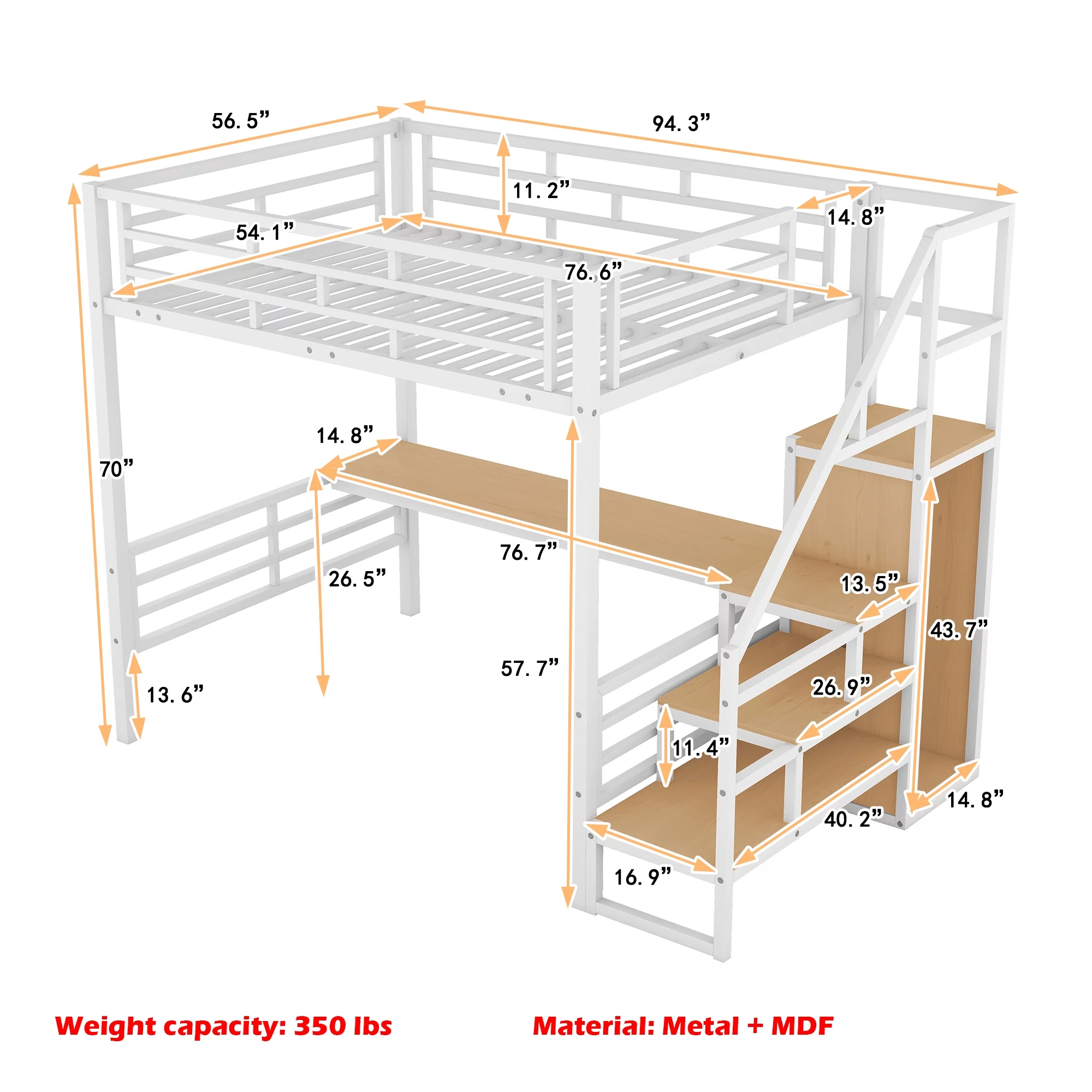 Bellemave Full Size Metal Loft Bed with Convertible Storage Staircase and Small Wardrobe, Heavy Duty Loft Bed Frame with Built-in Long Desk and Safety Guardrail for Kids,Teens, White