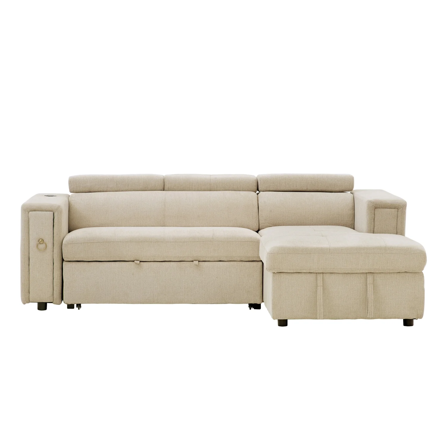 Churanty Pull Out Couch Bed with Storage and Cup Holder Sectional Sleeper Sofa with Wireless Charging L Shaped Couch with Adjustable Headrest Convertible Sofa Bed for Living Room,Beige
