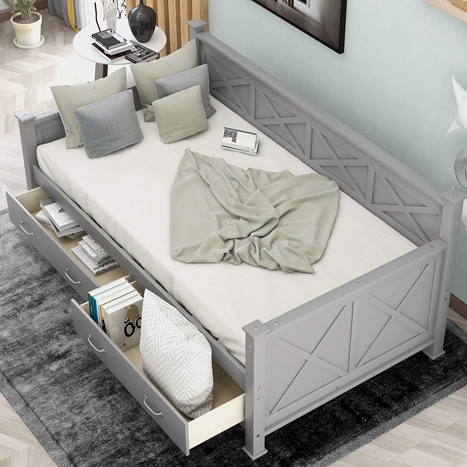 Size Daybed With Two Storage Drawers, Wood Multifuctioal Sofa Bed X-Shaped Frame, Moder Daybed With Slat Support For Bedroom Livig Room, Grey