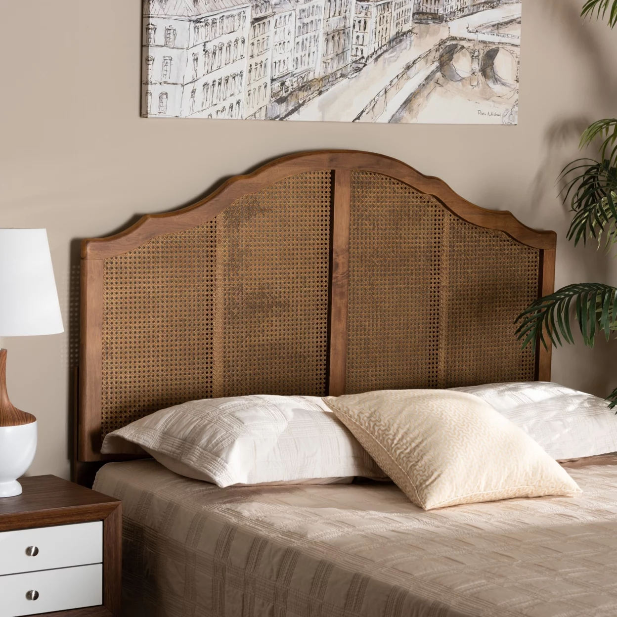 Traditional Ash Walnut Finished Wood and Synthetic Rattan Queen Size Arched Headboard, Ash Walnut