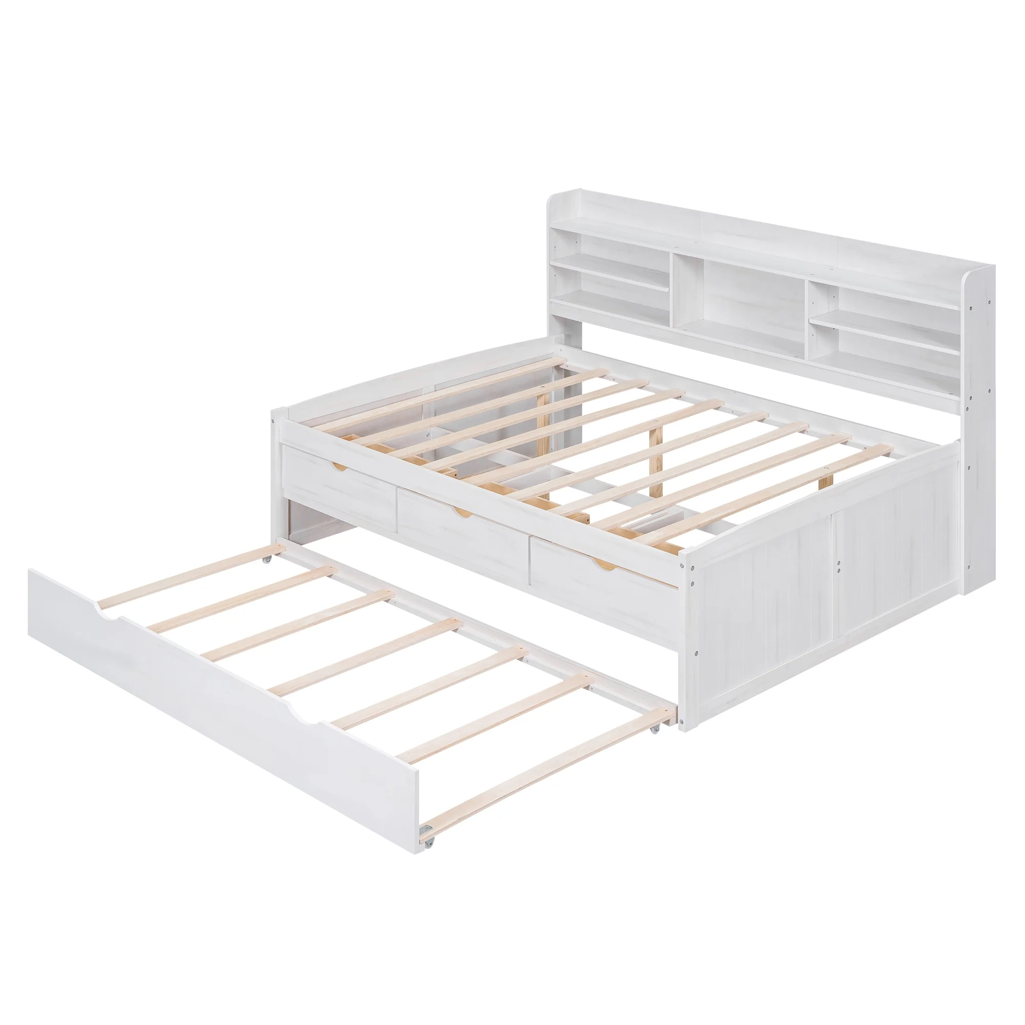 CoSoTower Full Size Wooden Captain Bed with Built-In Bookshelves,Three Storage Drawers and Trundle,White