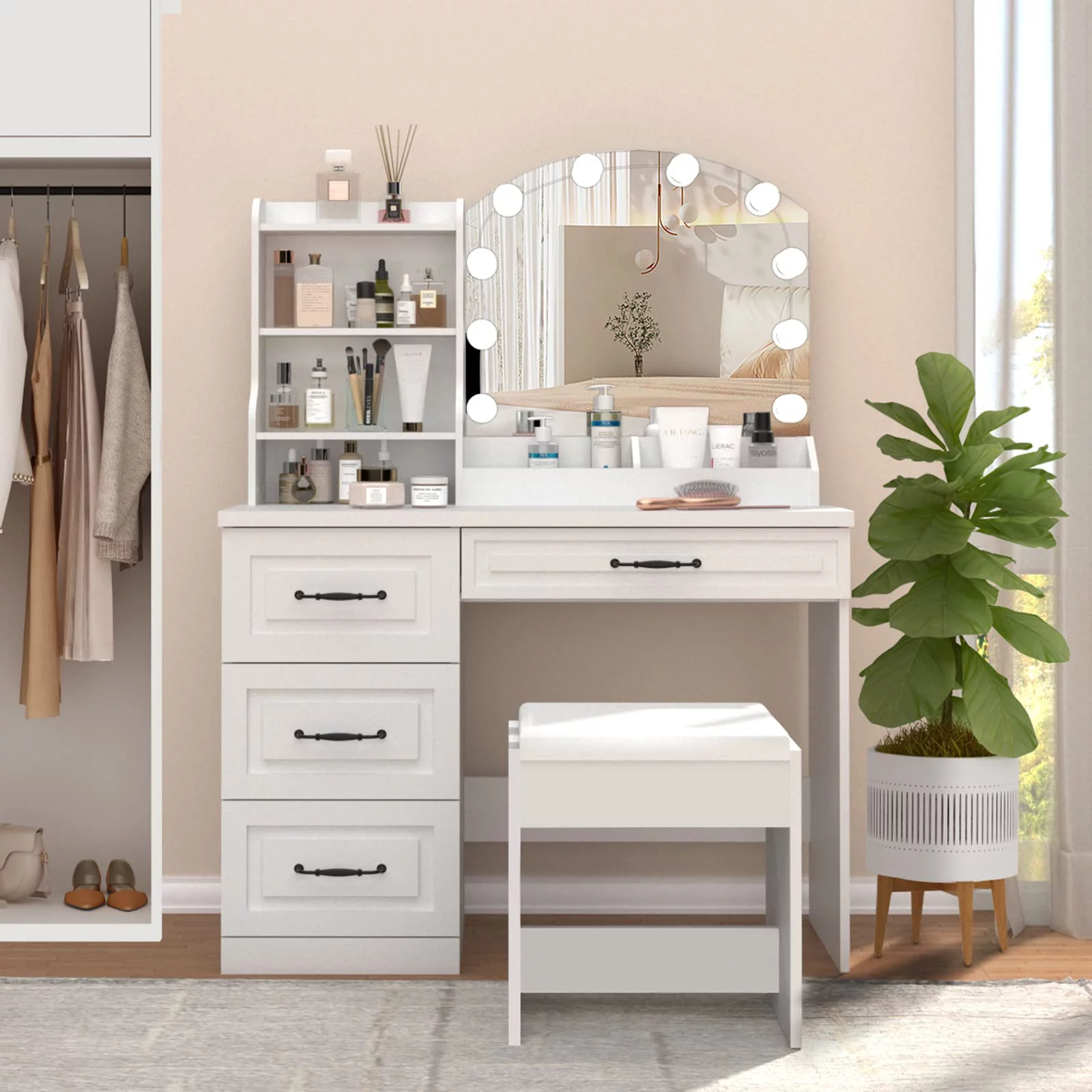 Makeup Vanity Desk with Lights and 4 Drawers, 3 Lighting Colors, White Vanity Set Makeup Table Lots Storage, Large Size 39.4in(L)
