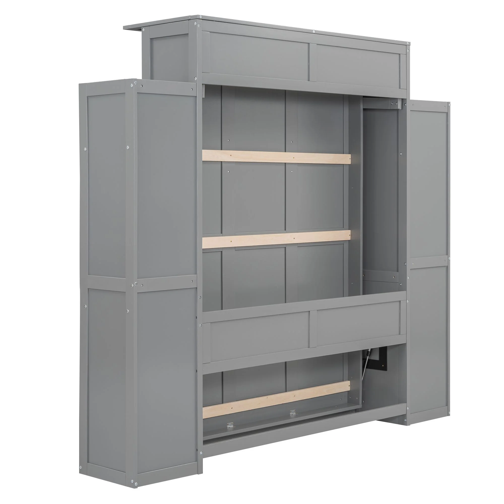 Practical Design Solid Wood Bed Frame Murphy Bed Wall Bed with Shelves and LED Lights, Platform Bed Frame, Mid Century Bedframe, Wood Foundation(Gray, Full)