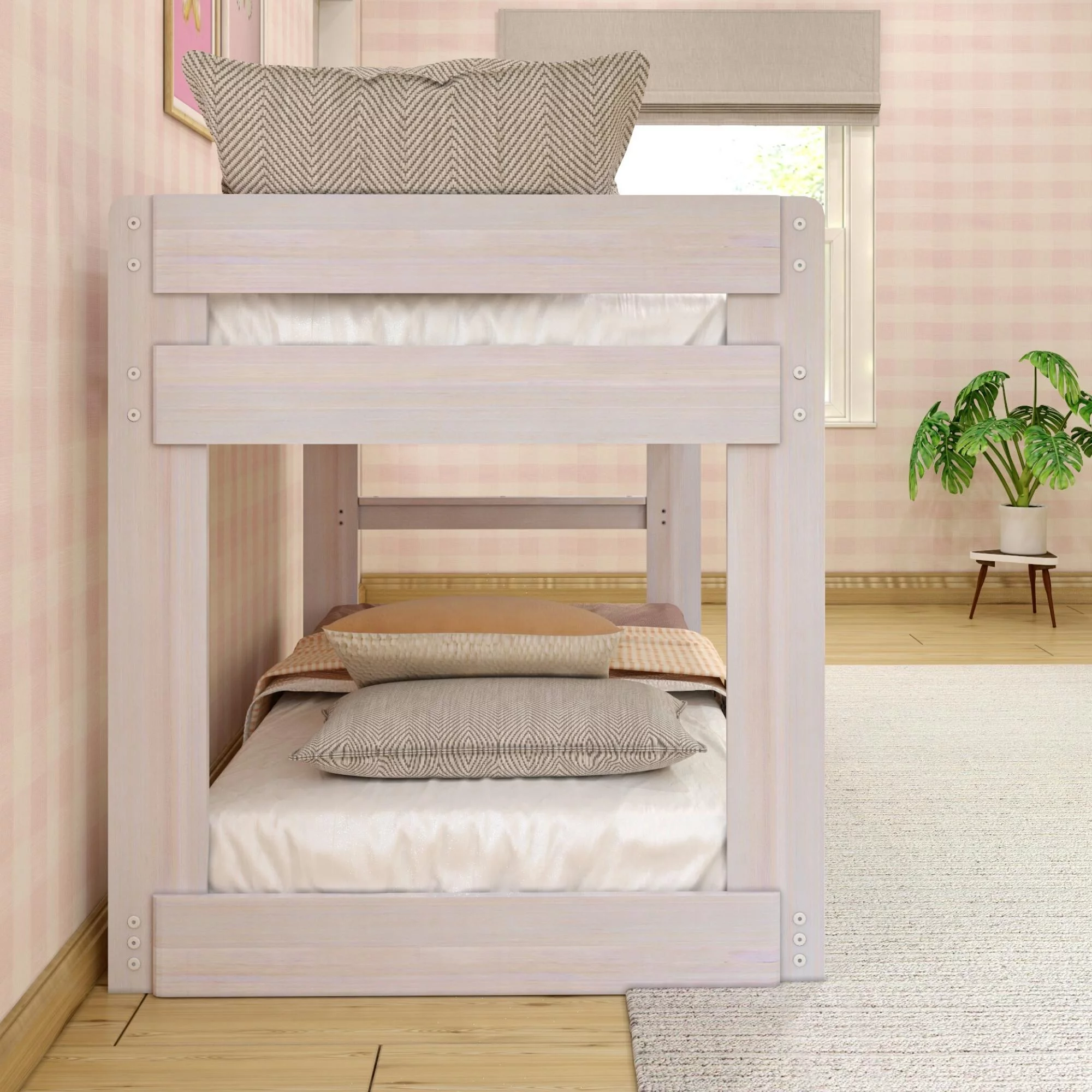Max & Lily Twin Over Twin Low Bunk Bed, Modern Farmhouse Wooden Bunk Beds for Kids, White Wash