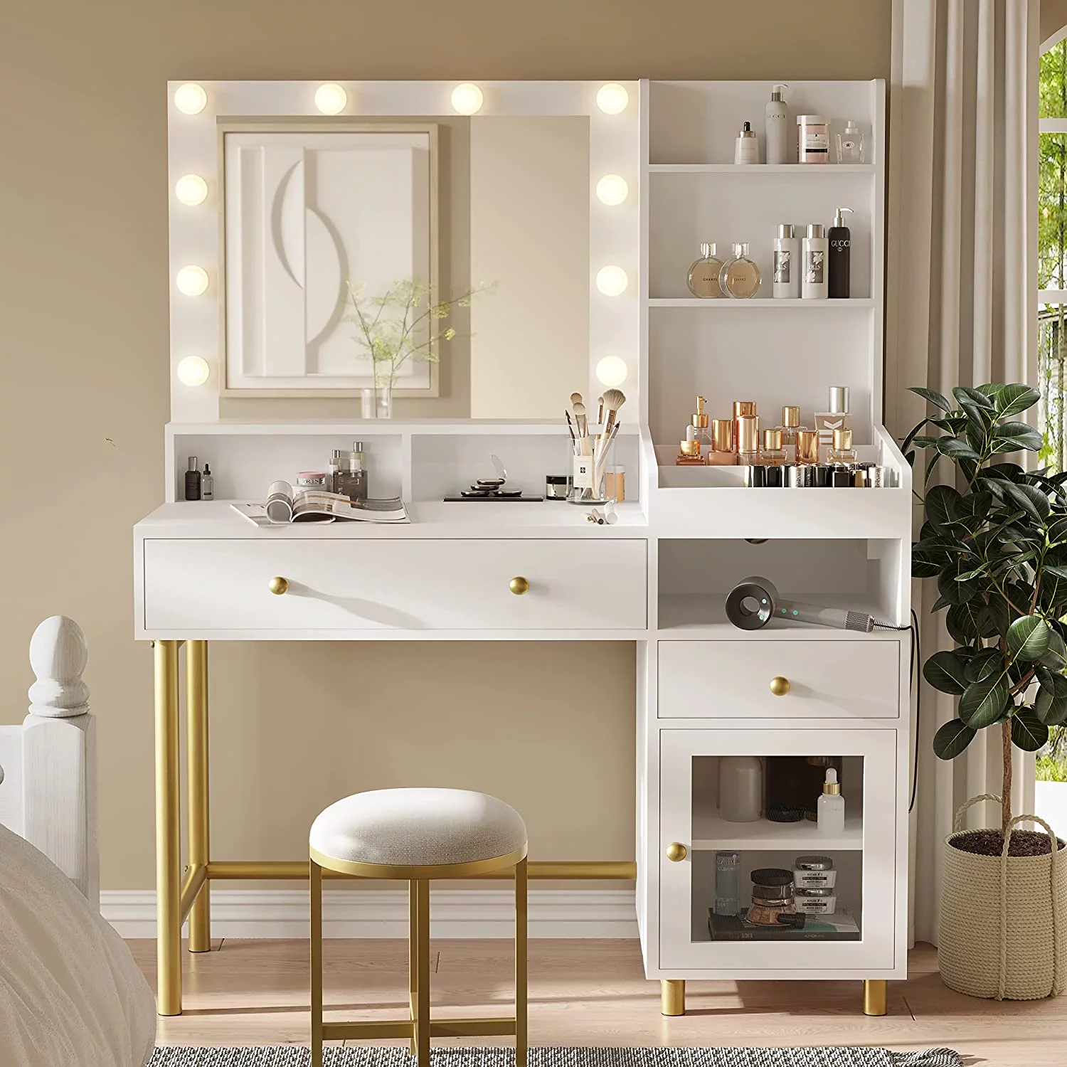 Makeup Vanity Desk with Lighted Mirror and Drawers, Vanity Desk Table Dressing Table with Charging Station & Lights for Bedroom,White