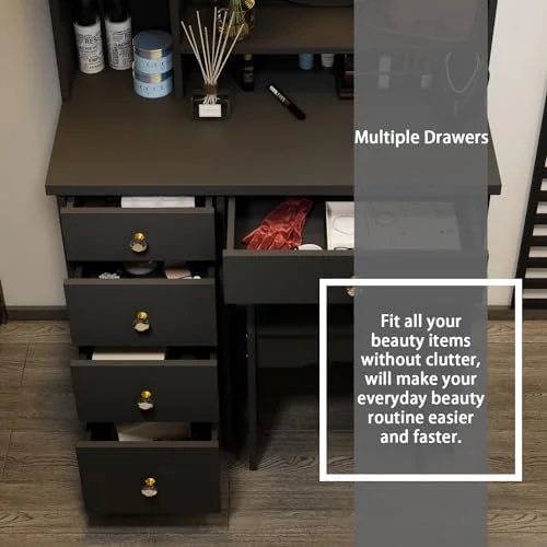 HBBOOMLIFE FUFU&GAGA Vanity Set with Round Mirror  Makeup Vanity Dressing Table with 5 Drawers  Shelves  Dresser Desk and Cushioned Stool Set (Black/Lighted Mirror)