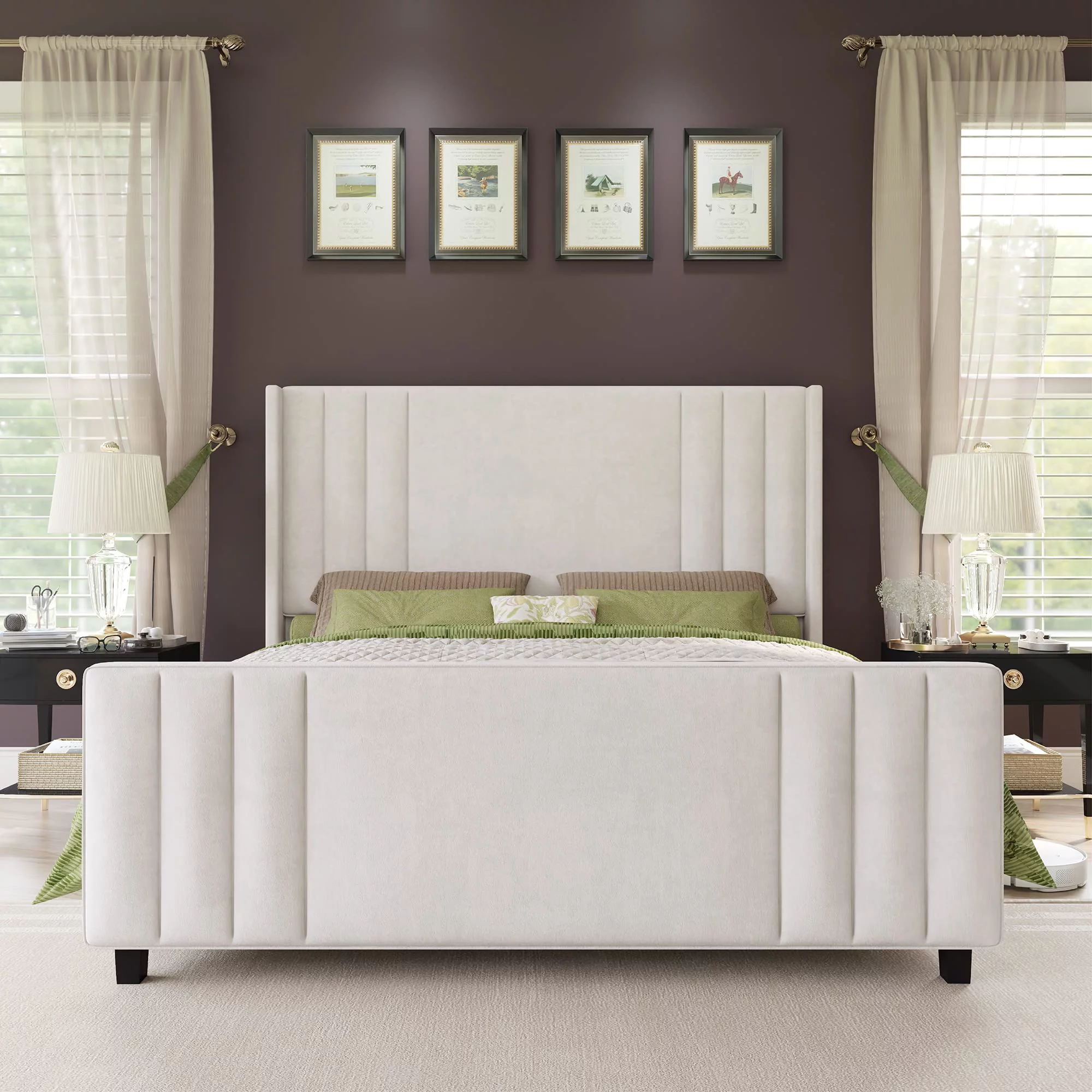 Amerlife King Size Bed Frame, Velvet Upholstered Platform Bed with Vertical Channel Tufted Headboard & Footboard/Wingback, Mattress Foundation with Wood Slats, No Box Spring Needed, Cream