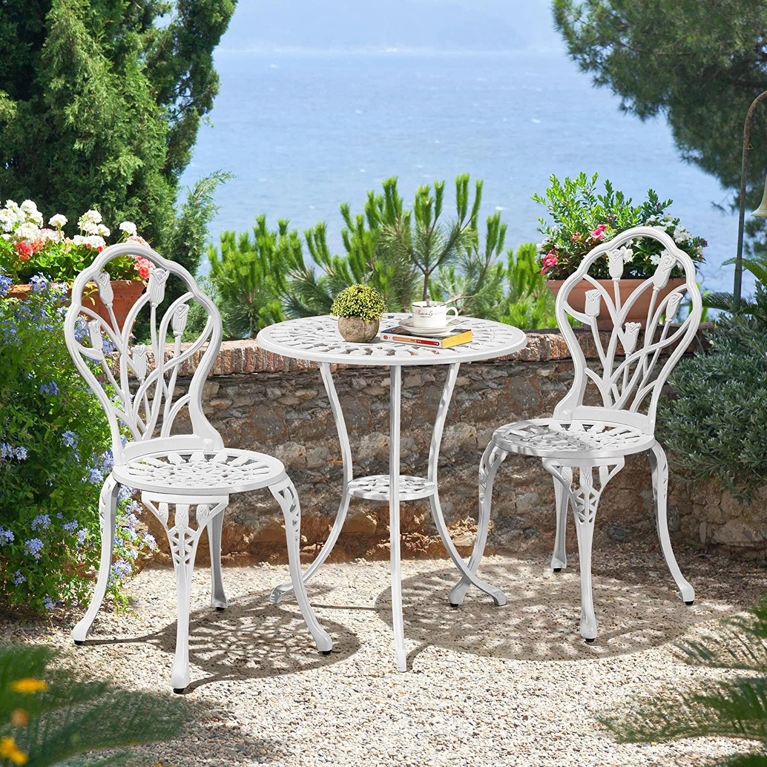Yaheetech Patio Bistro Sets 3 Piece, Outdoor Rust-Resistant Cast Aluminum Garden Table and Chairs, White