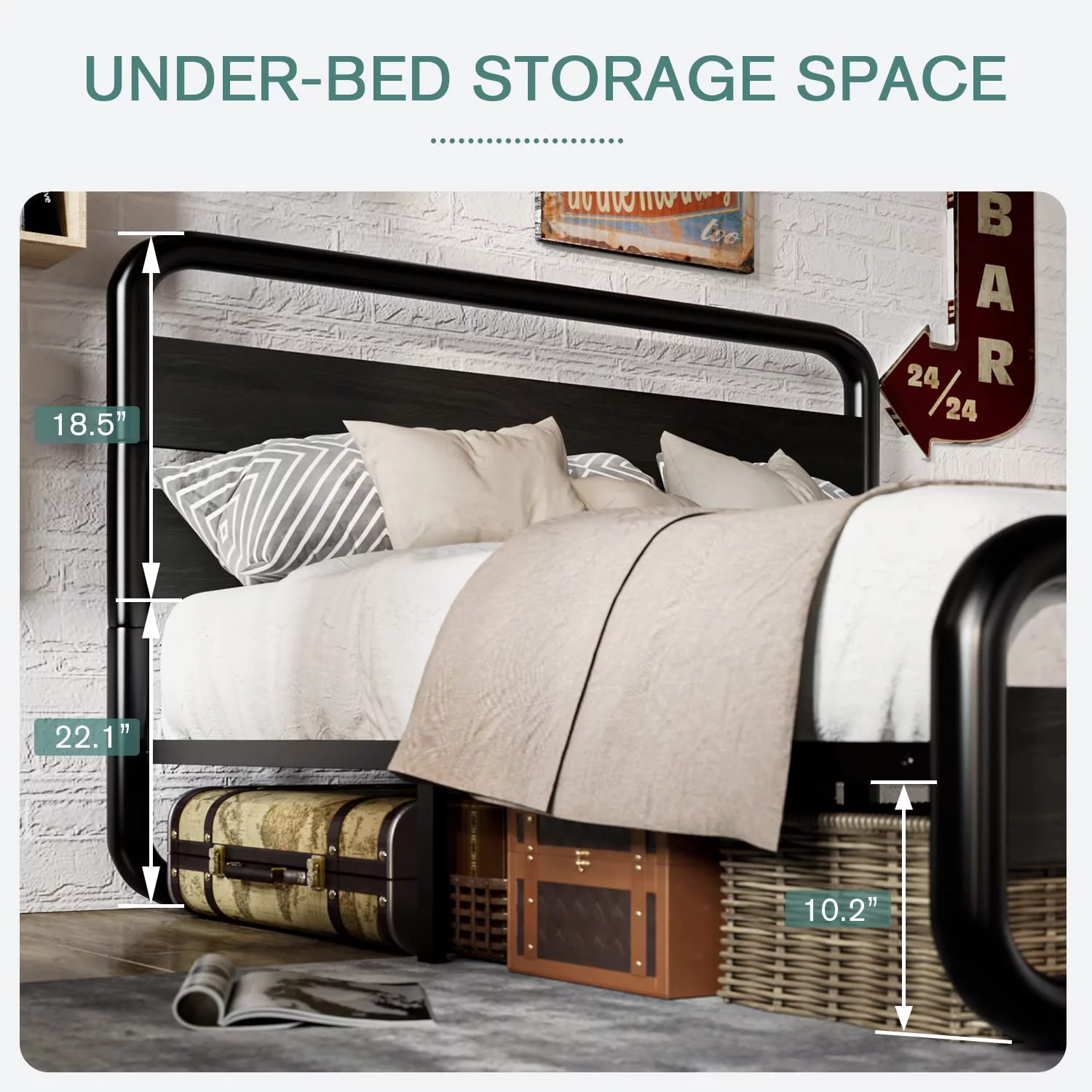 Size Metal Bed Frame with Round/Curved Wooden Headboard and Footboard  Platform Bed Frame with Under Bed Storage  Heavy Duty Metal Mattress Foundation  No Box Spring Needed  Modern  Black
