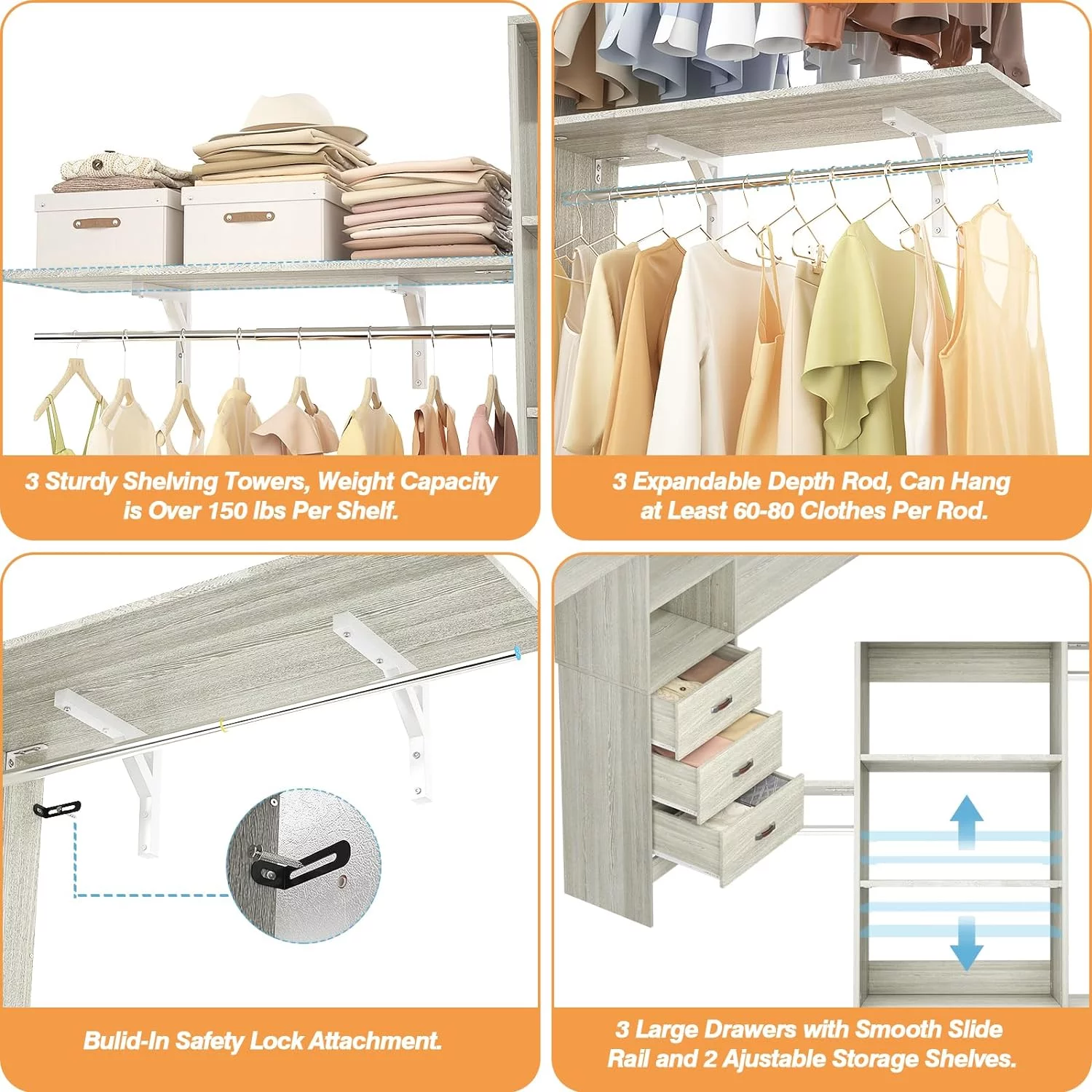 Homieasy 96 Inches Closet System, 8FT Walk In Closet Organizer with 3 Shelving Tower, Heavy Duty Clothes Rack with 3 Drawers, Built-In Garment Rack, 96