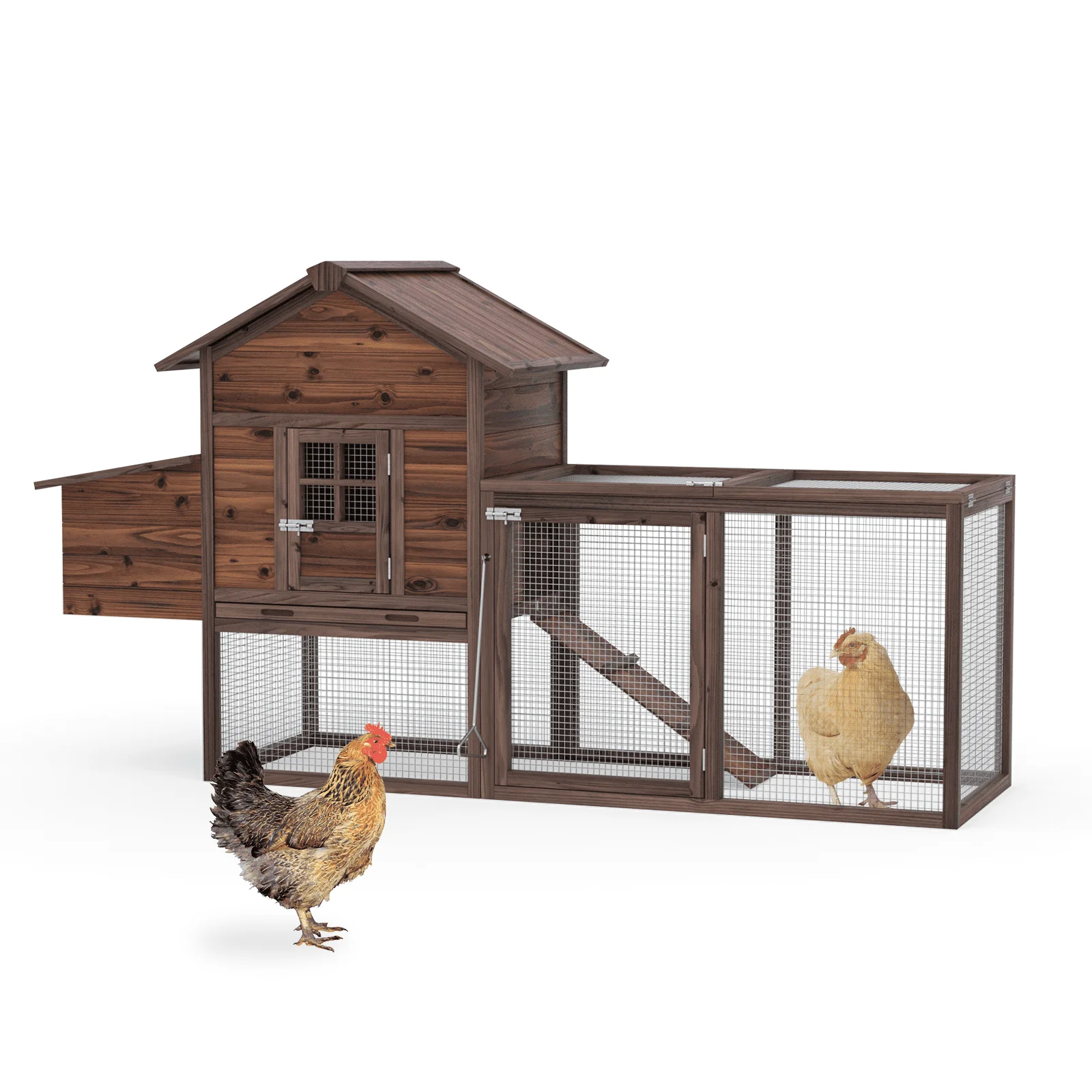 TANGJEAMER Wooden Chicken Coop Large Outdoor Hen House with Nest Box Poultry Cage Rabbit Hutch 80''- Waterproof UV Panel Brown