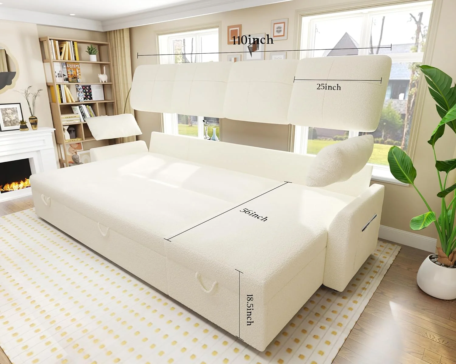 AMERLIFE Sleeper Sofa, 110 inch Overisze - 2 in 1 Pull Out Bed, Sectional Sleeper Sofa with Double Storage Chaise for Living Room, White Boucle Couch