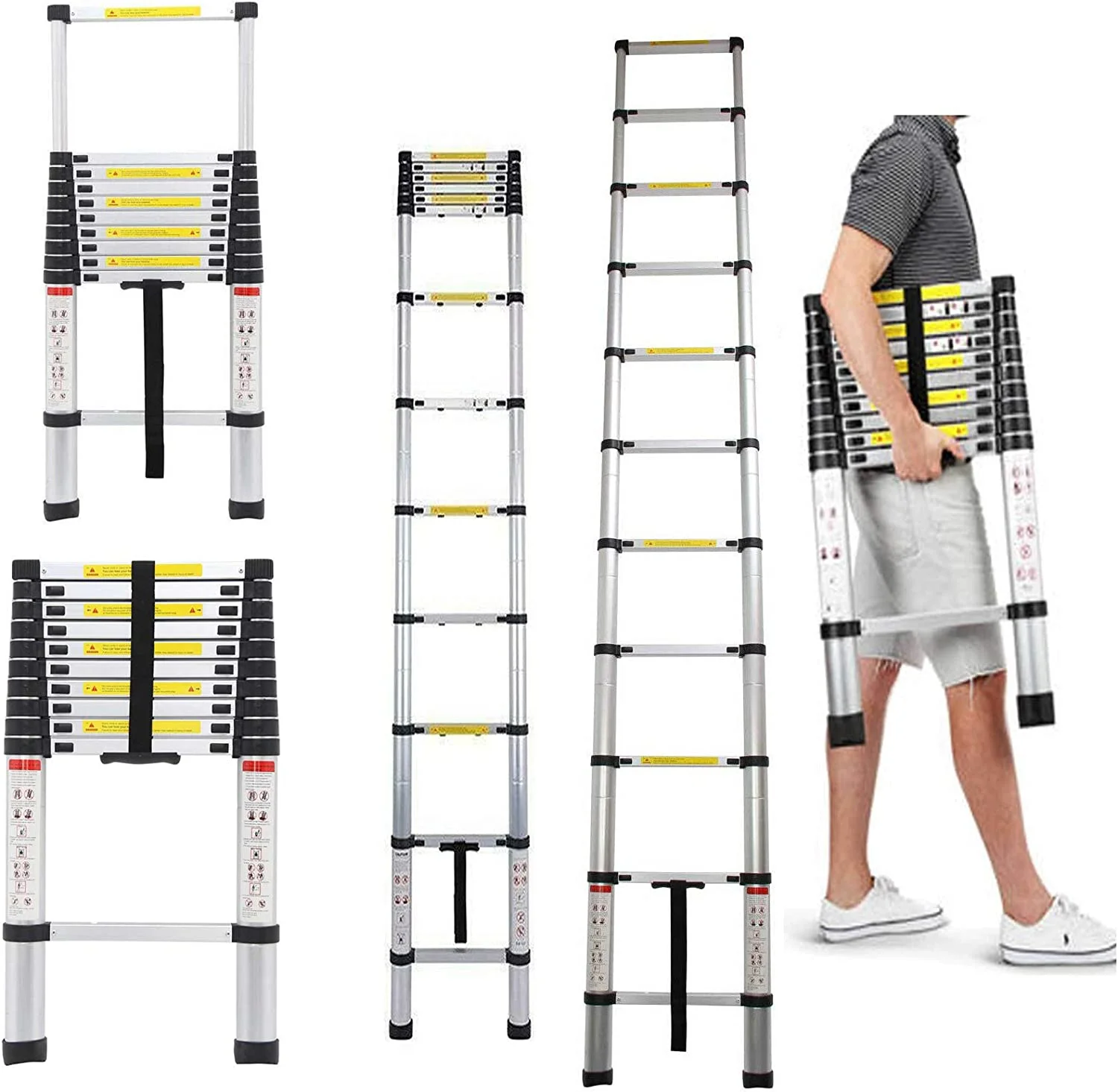 12FT Telescoping Ladder Aluminum Extension Folding Ladder Rubber Feet Multi Purpose Loft Ladder Attic Ladder Compact Ladders for Home, Heavy Duty 330lbs Max Load Capacity, Collapsible Ladders - 3.8M