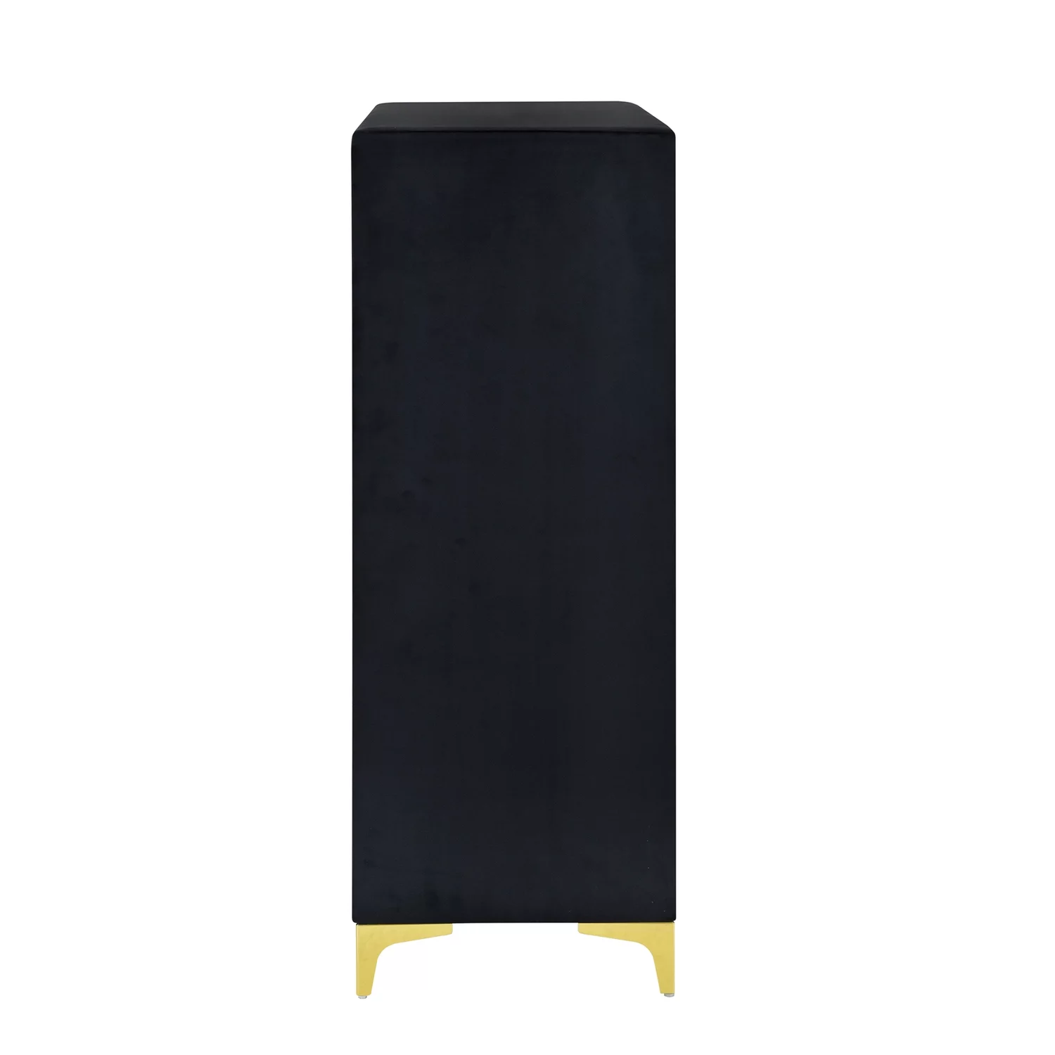Better Home Products Monique Velvet Upholstered 5-Drawer Chest Dresser with Gold Legs and Gold Trim in Black - Fully Assembled