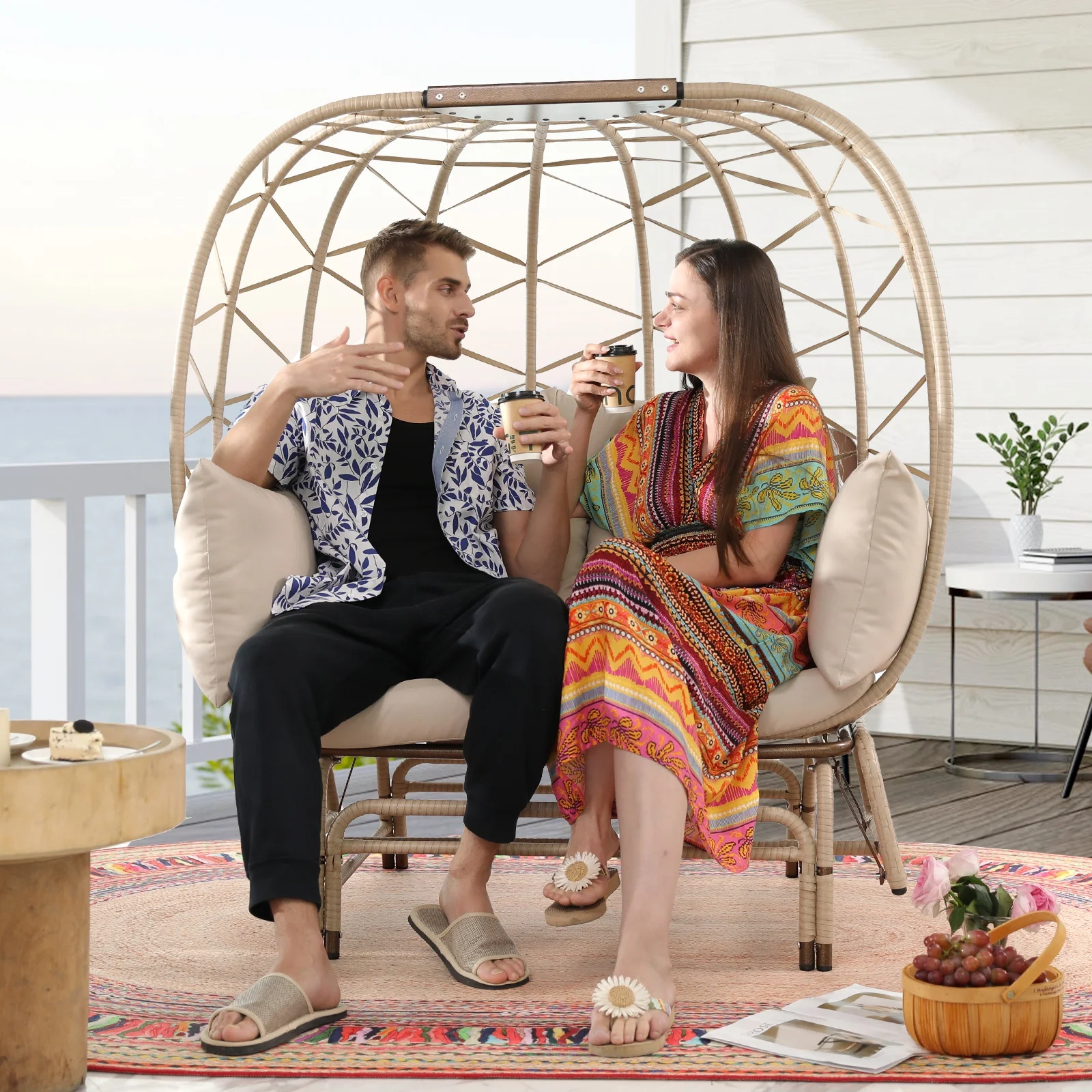 NICESOUL Double Wicker Rocking Egg Chair Indoor Outdoor Oversized Egg Basket Lounge Chair for 2 Persons with Legs, Patio Egg Chair with Thick Cushions 500lbs Egg Shaped Loveseat Bedroom(Beige)