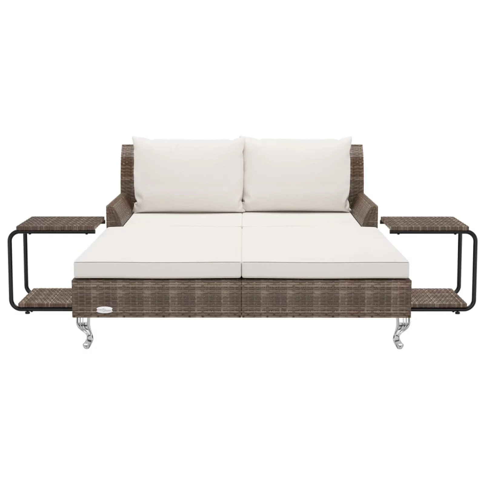 Dcenta 2-Person Paio Sun Lounge Bed with 2 Side Tables and Pillows Cushioned Patio Double Sun Lounger Brown Poly Rattan Daybed for Balcony, Garden, Pool, Lawn, Backyard Outdoor Furniture