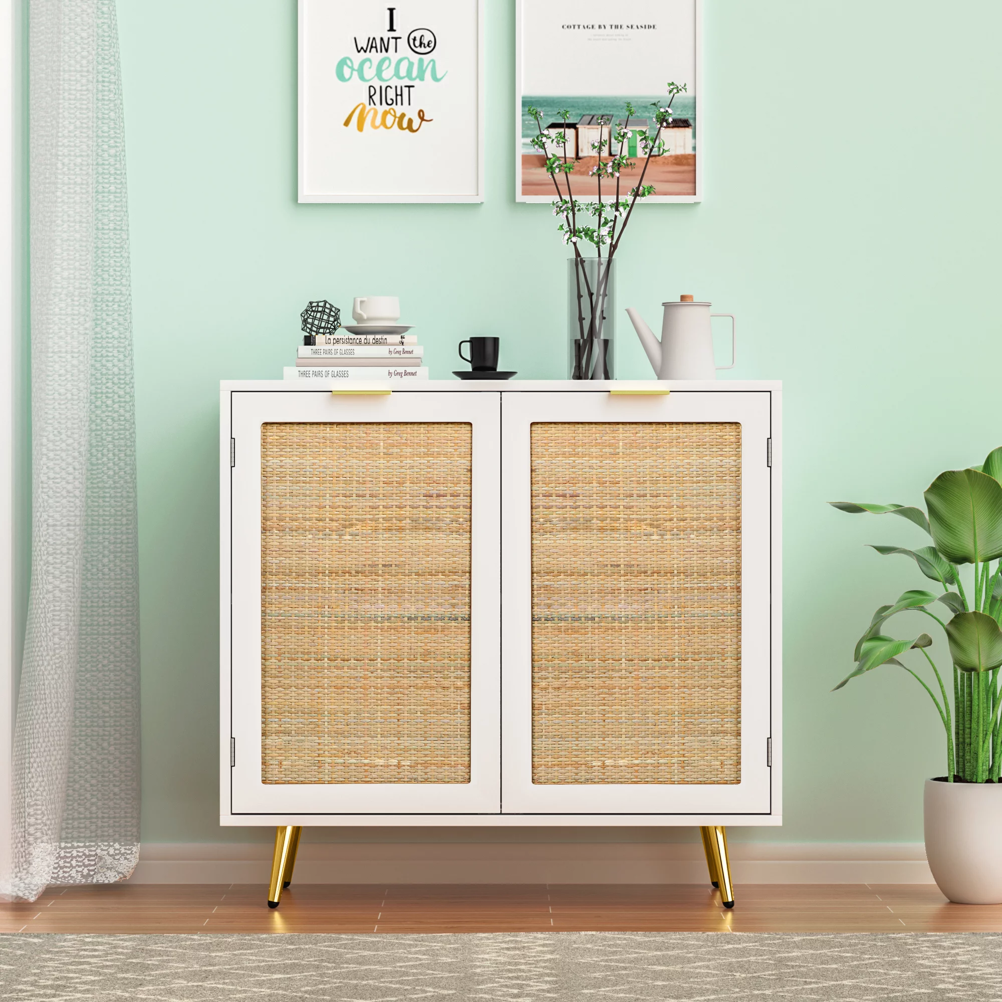 Eumyviv 31.5'' Width Modern Accent Cabinet, White Sideboards and Buffets with 2 Rattan Doors Storage Cane Cupboard for Kitchen Furniture, Living Room,H0059