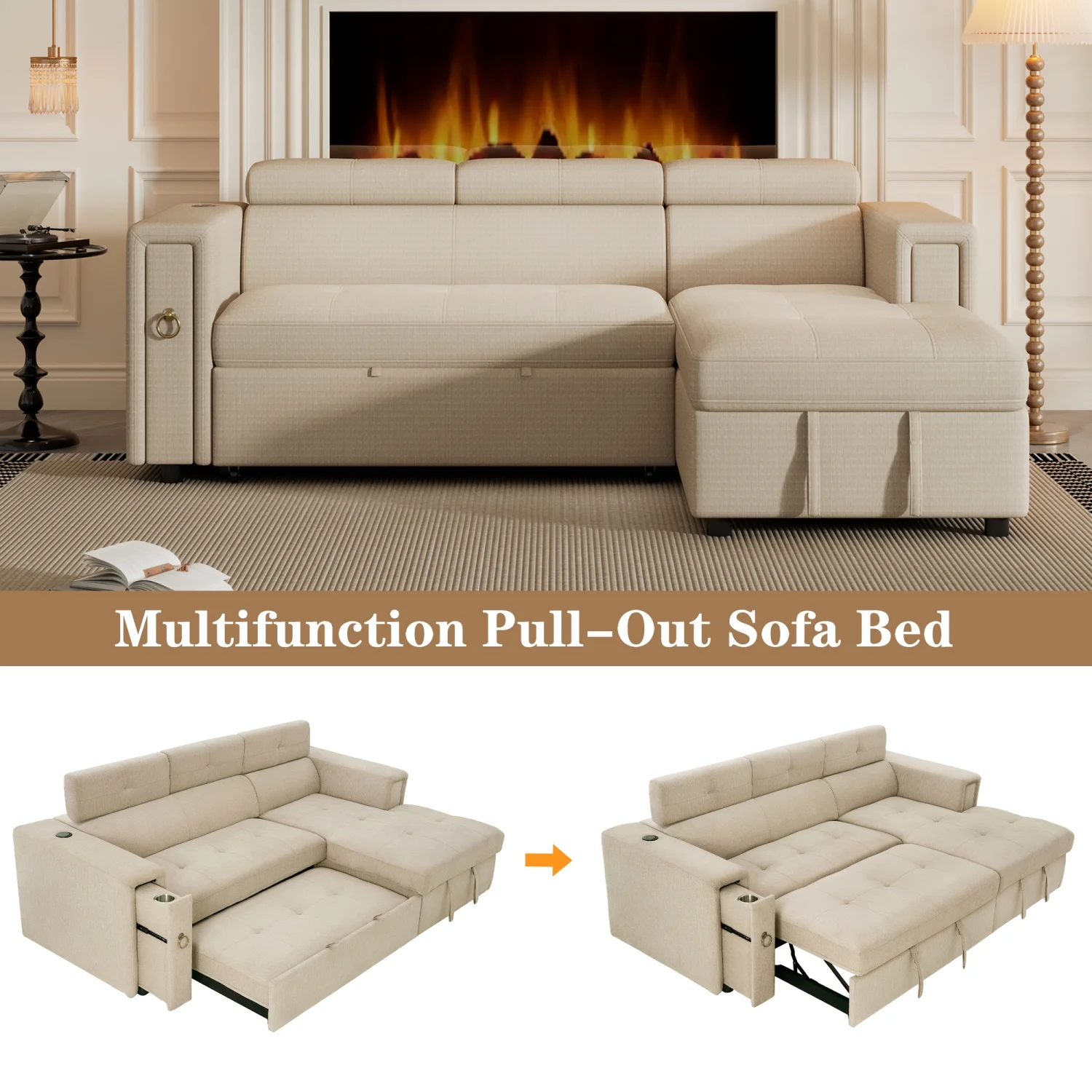 Churanty Pull Out Couch Bed with Storage and Cup Holder Sectional Sleeper Sofa with Wireless Charging L Shaped Couch with Adjustable Headrest Convertible Sofa Bed for Living Room,Beige