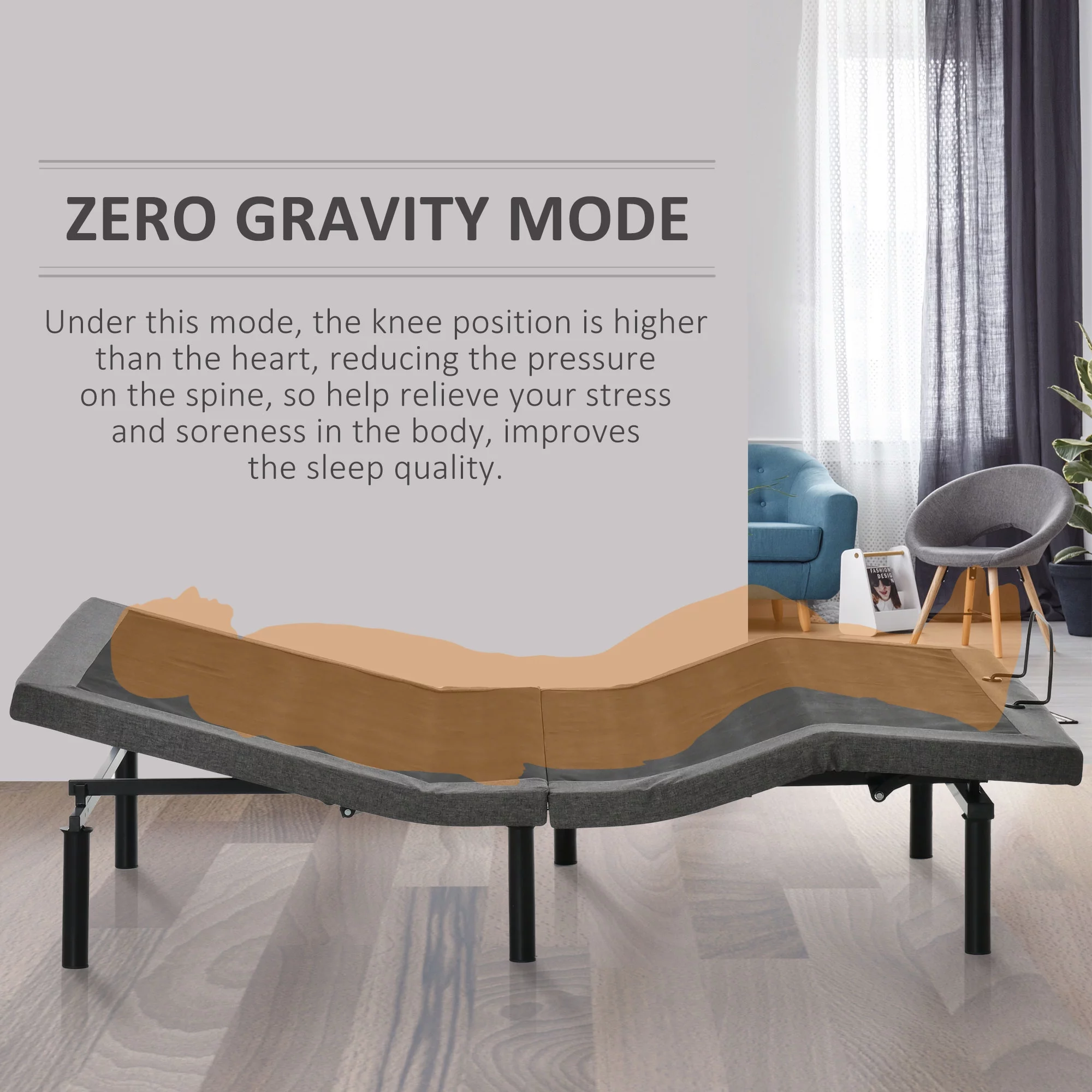 HOMCOM Queen Adjustable Bed Frame, Ergonomic Zero Gravity Power Bed Base with Head and Foot Incline, Memory, and Wireless Remote, Grey