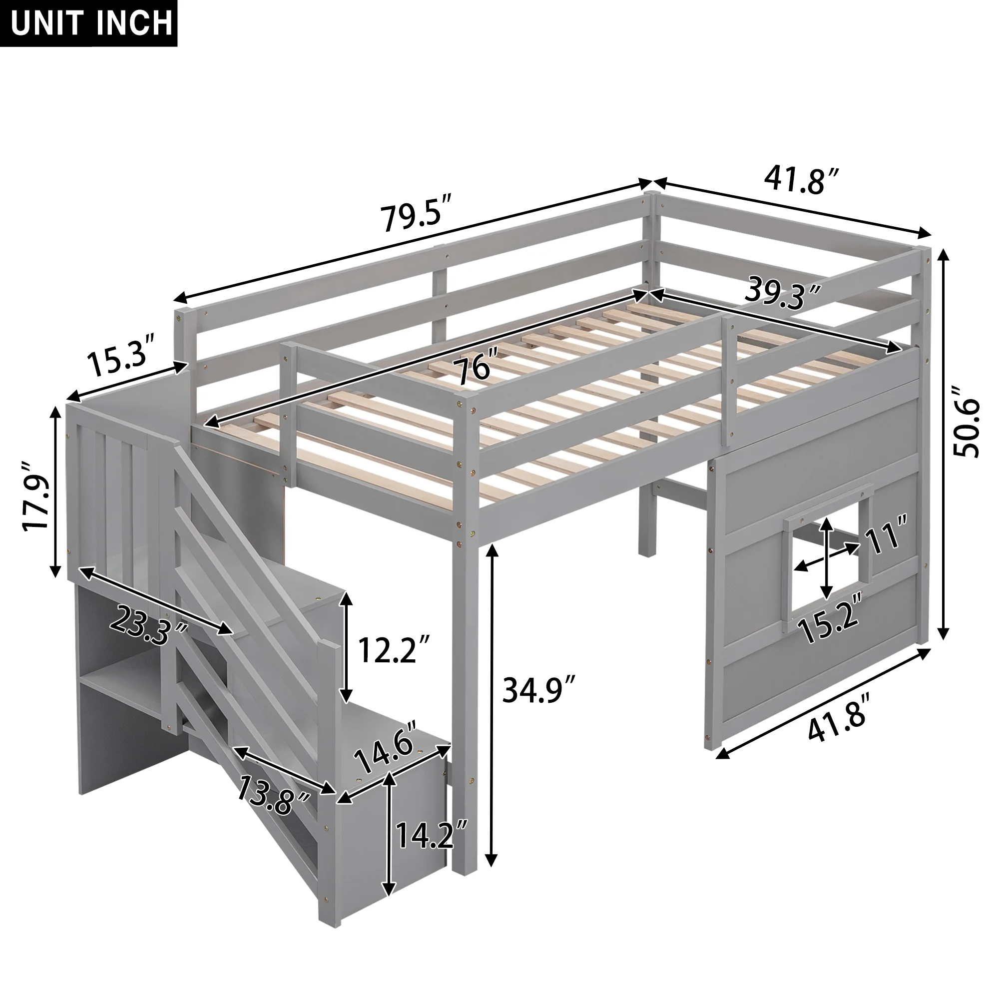 Bellemave Twin over Twin Size Loft bed with Underneath House & Strong Storage Staircases ,Solid Wood Twin Loft Bed with Full-Lengths Guardrails for Kids,Gray