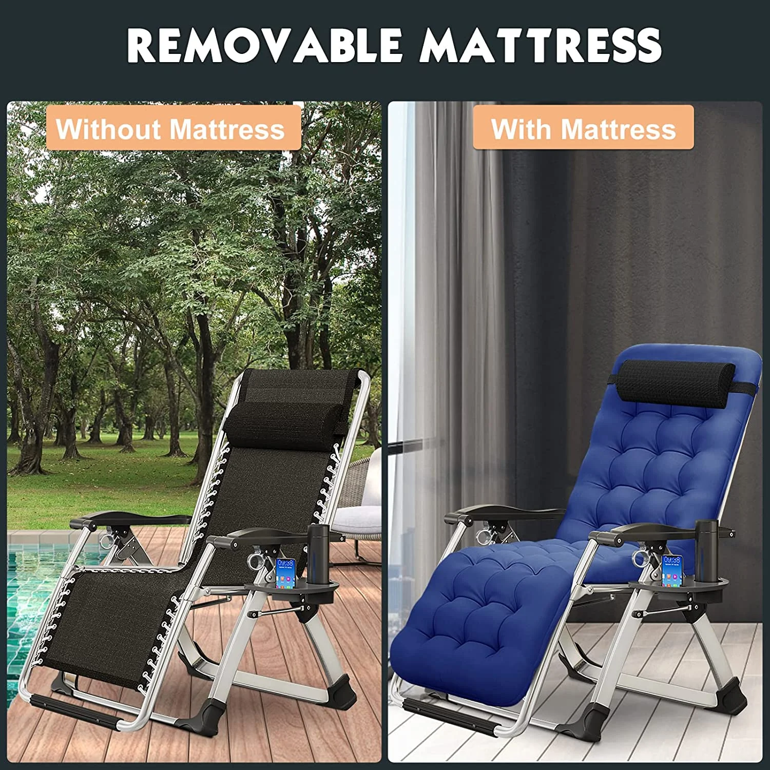Slsy Zero Gravity Chair with with 2 Sided Cushion & Headrest, Lawn Recliner, Reclining Patio Lounger Chair, Folding Portable Chaise with Cup Holder