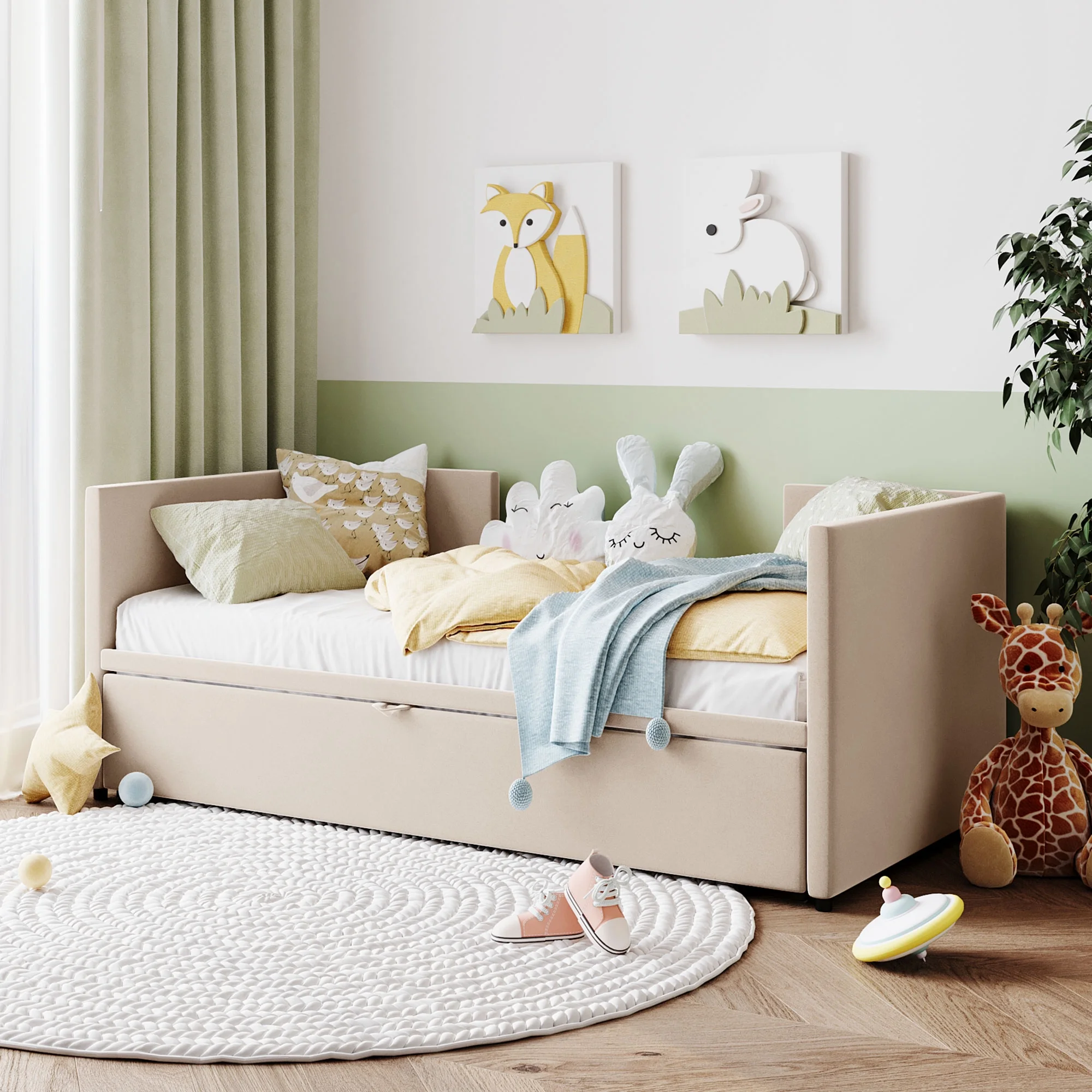 Bellemave Upholstered Daybed with Pop up Trundle, Wooden Twin Size Sofa Beds with Extendable Trundle Beds, Twin to King Daybed Frame for Bedroom or Living Room (Beige)