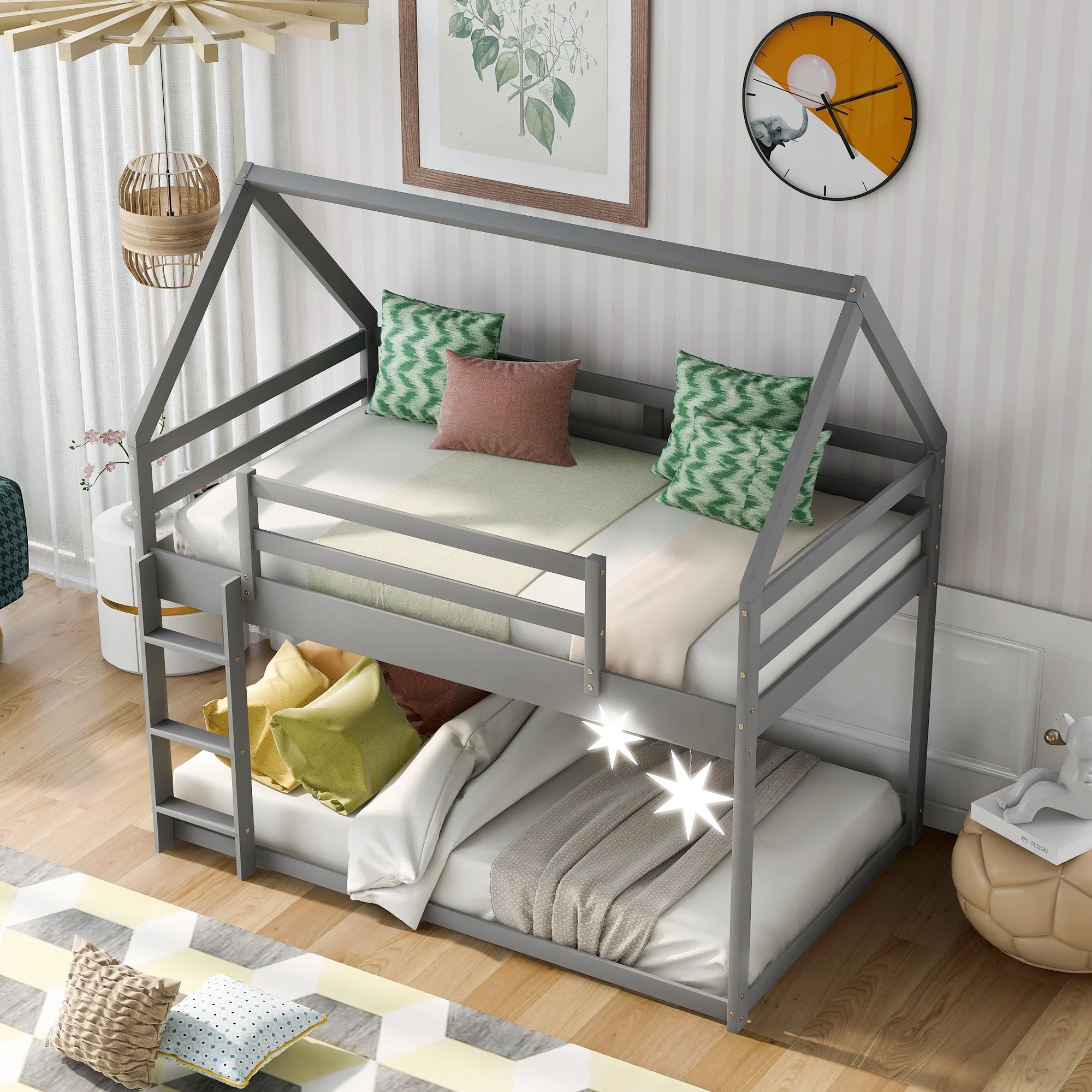 Euroco Twin over Twin House Bed, Low Bunk Bed for Kid's Room, Gray