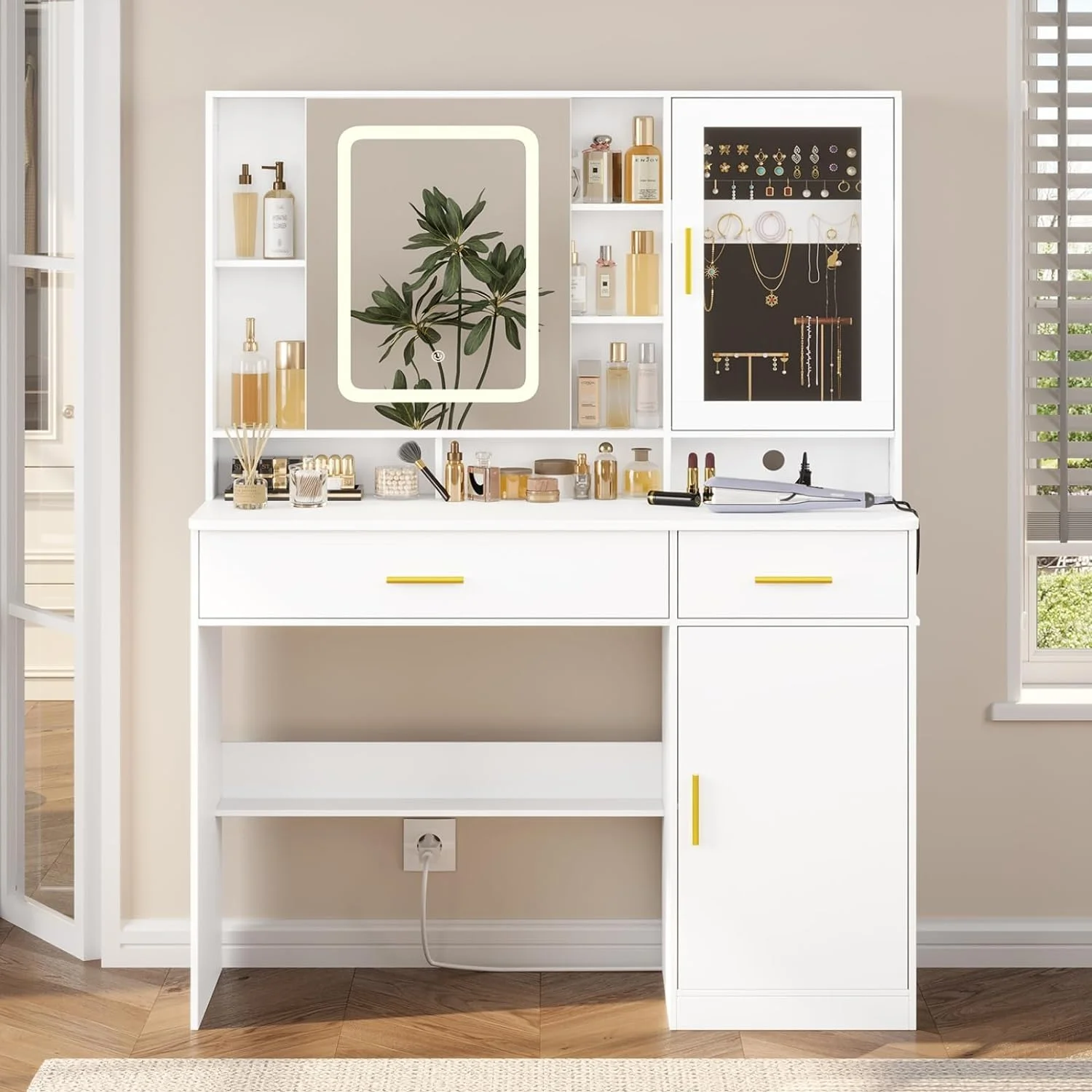 Makeup Vanity Desk with Mirror and Lights, Modern Vanity Desk Dressing Table with Charging Station&2 Drawers&Jewelry Cabinet for Women Girls, White