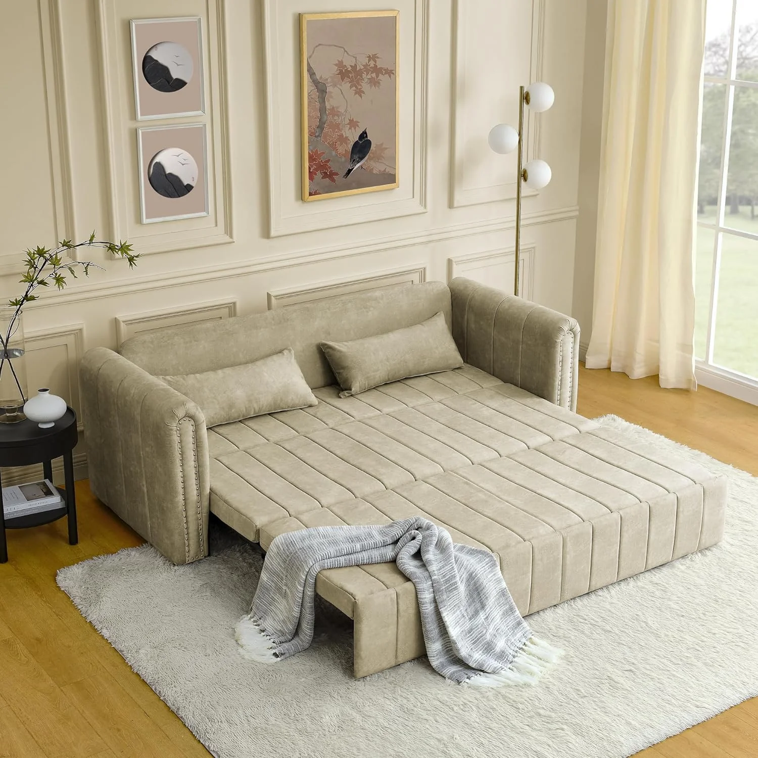 3-in-1 Convertible Sleeper Sofa Bed,Pull-Out Bed Sleeper with Rolled Arms Decorated with Copper Nails,Modern Upholstered 3 Seats Sofabed with Two Drawers and Two Pillows,Black