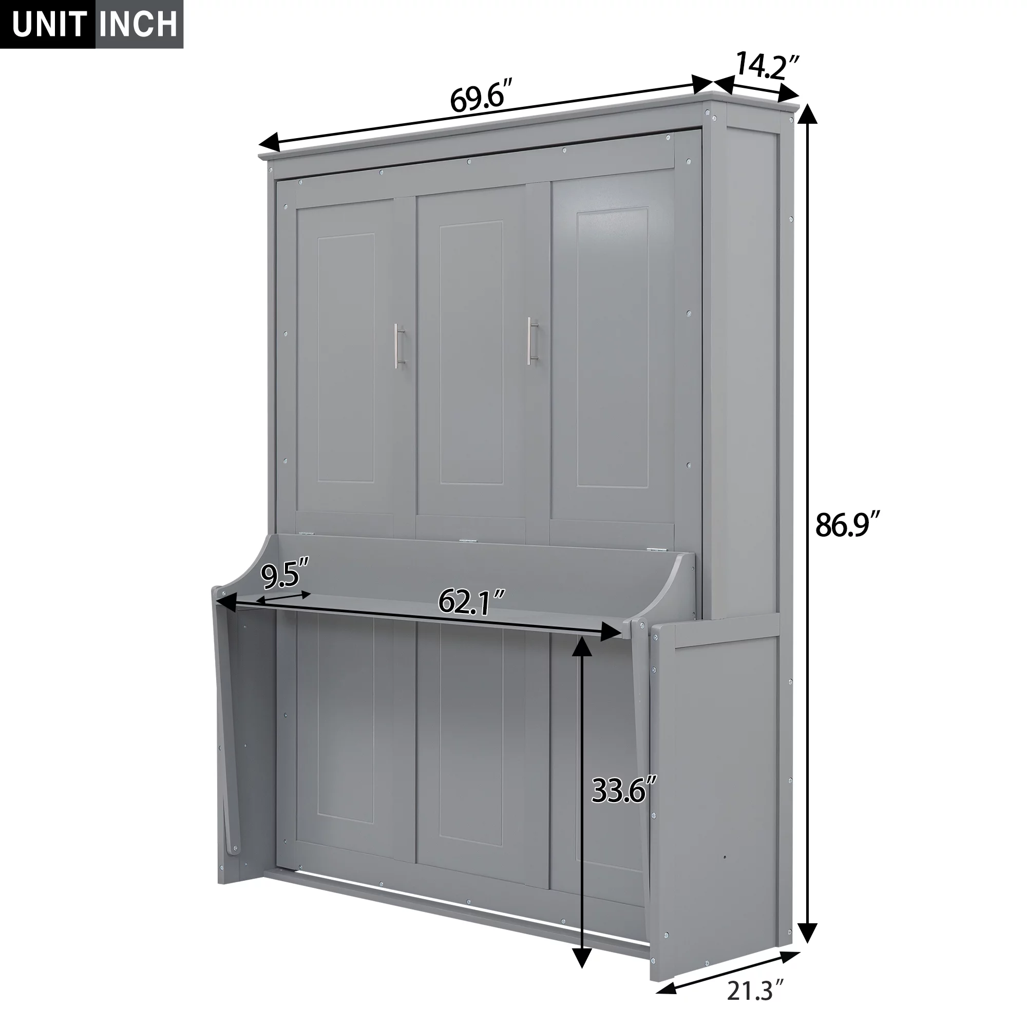 Euroco Queen Size Murphy Bed with Desk and Shelf, Convertible Wall Bed into a Cabinet for Living Room, Guests Room, Space-Saving & Easy Open and Close, Gray