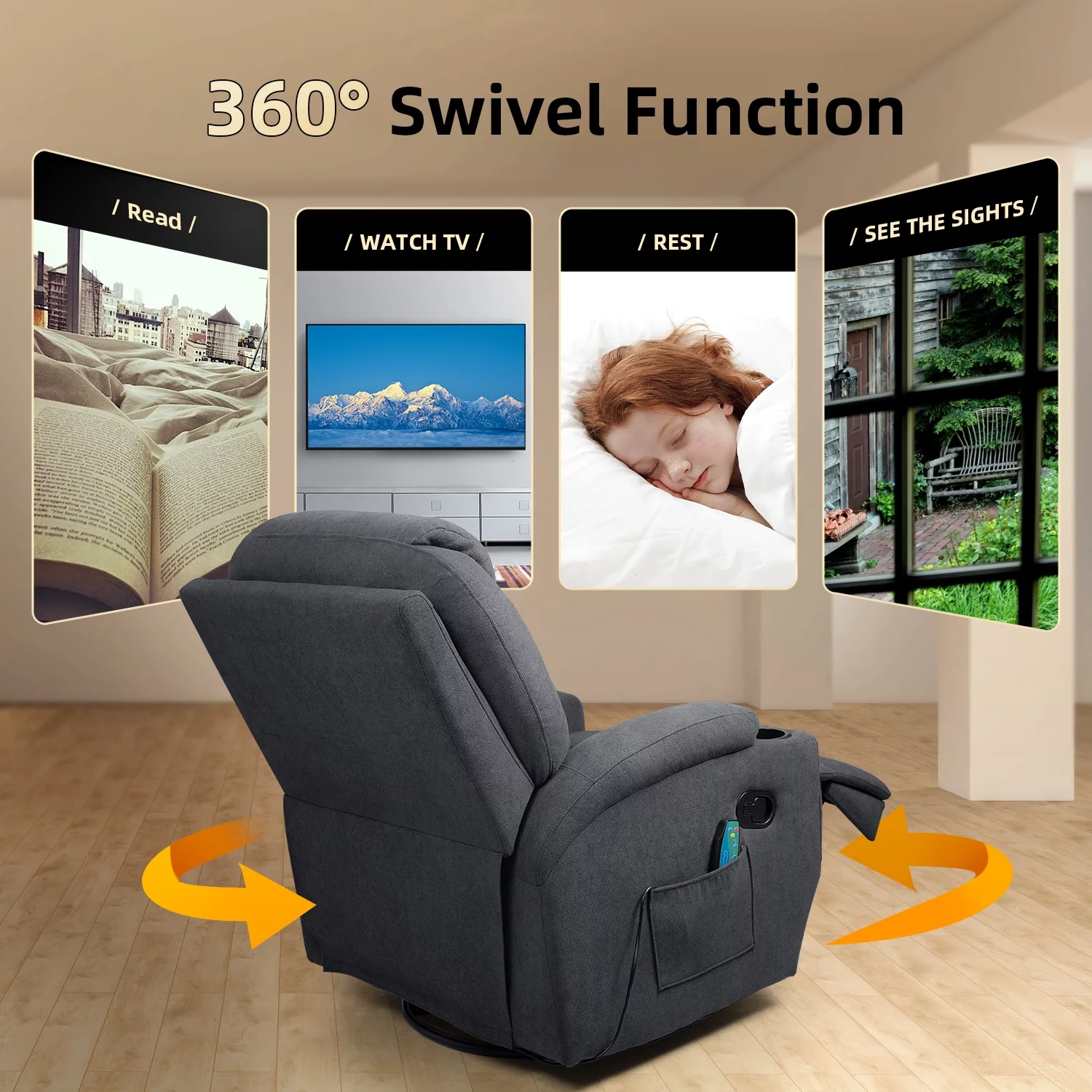 Lacoo massage chair with huge headrest and thick armrests, fabric,grey