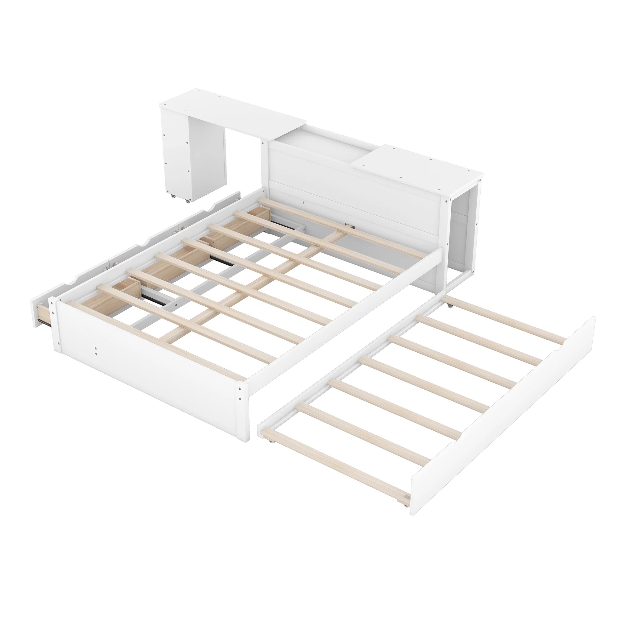 Churanty Full Size Platform Bed Frame with Rolling Desk and Storage Headboard Modern Wood Bed Frame with Trundle and Drawers,White