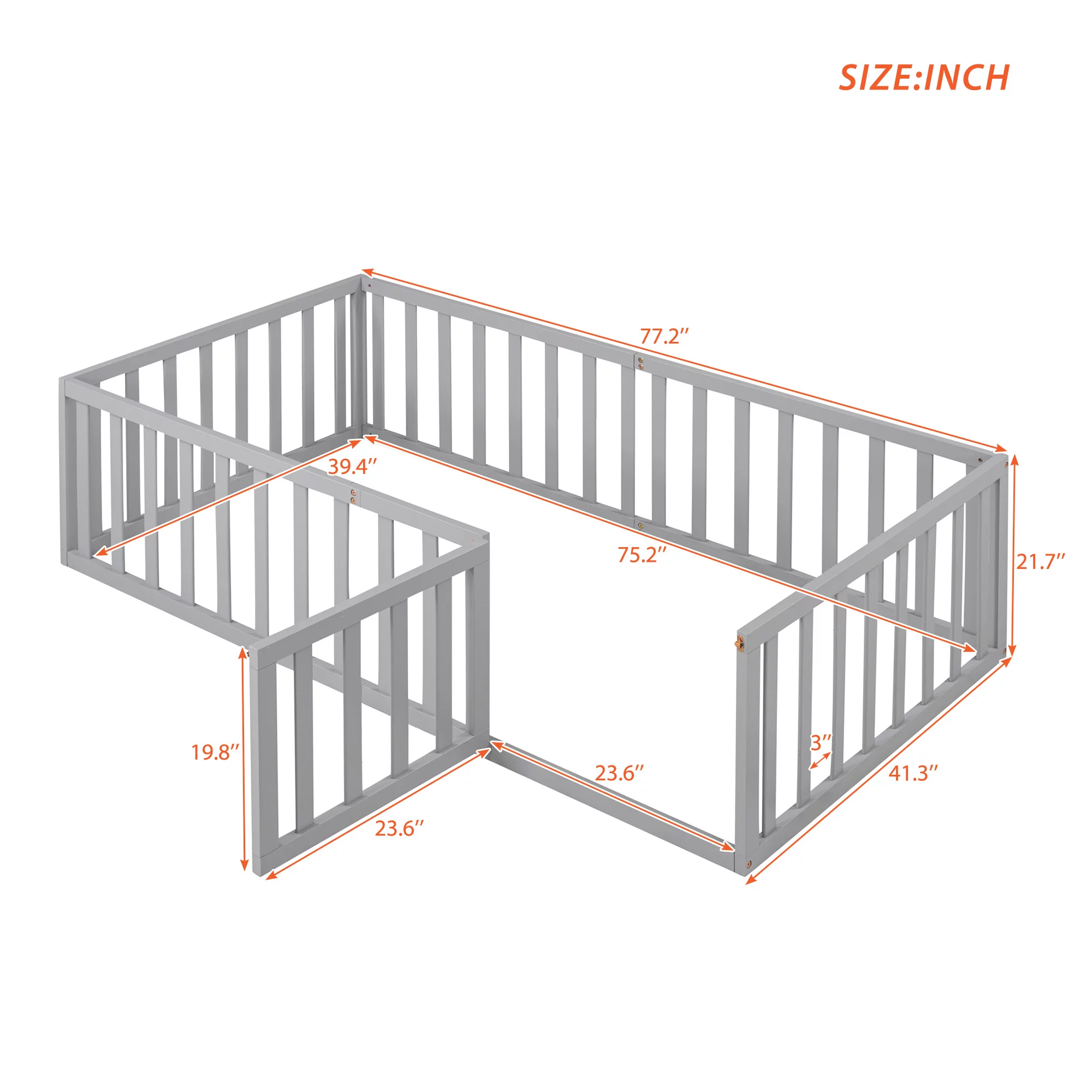 Wood Floor Bed with Fence and Door for Kids, Twin, Gray