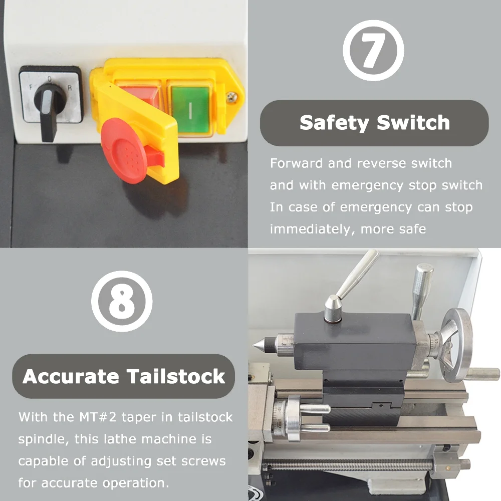 Mini Metal Bench Lathe Variable Speed Precision Inch Instrument Machine Threaded Version WM210V 900W 8