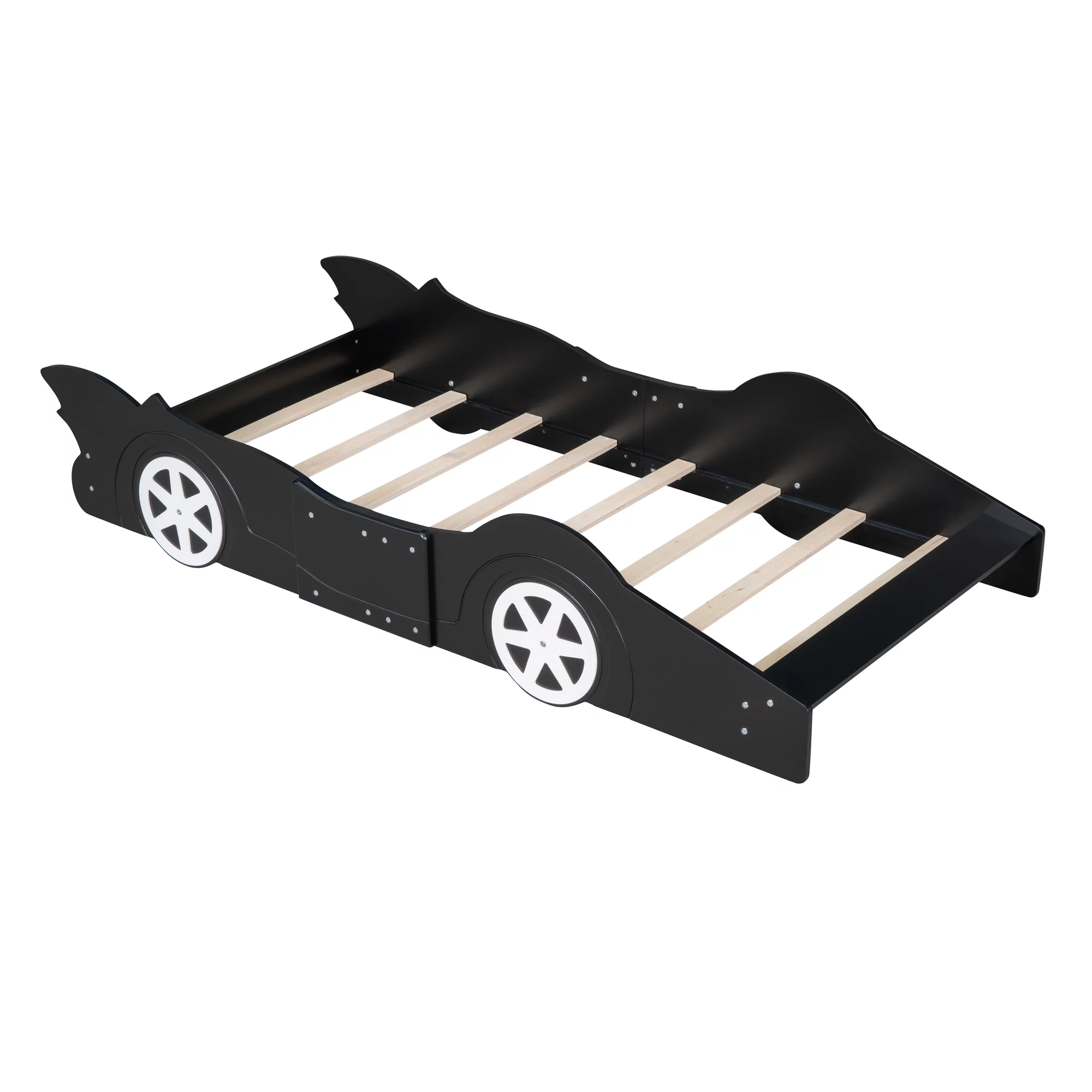 HSUNNS Twin Size Kids Race Car-Shaped Platform Bed with Wheels, Wooden Funny Twin Kids Bed Frame with 2 Sides Safety Rails for Boys Girls Toddlers Kids’ Bedroom, No Box Spring Needed, Black