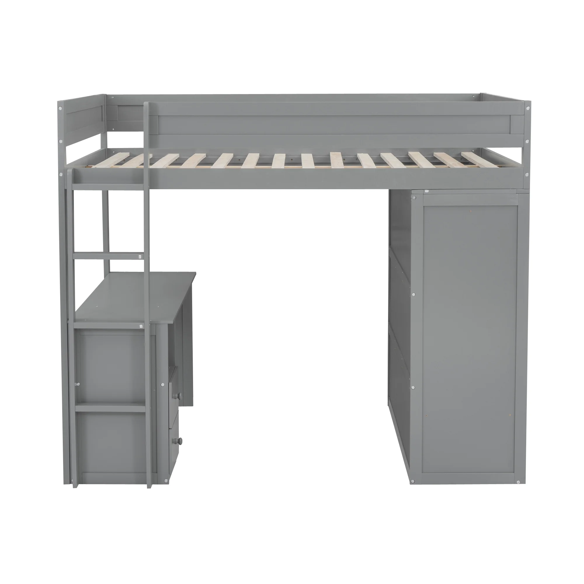EUROCO Wood Full Size Loft Bed, Storage Desk and Drawers, Wardrobe with Clothes Hanger and Sliding Door for Living Room, Gray