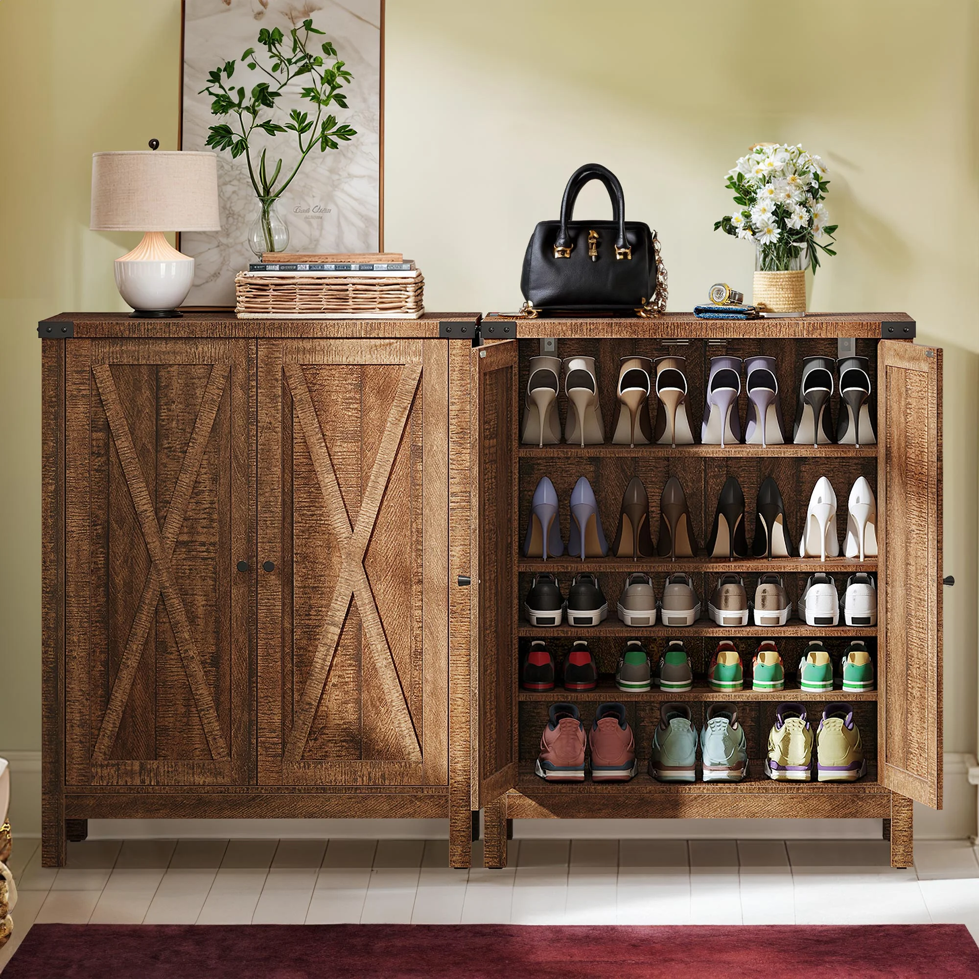 Dextrus Farmhouse Shoe Cabinet with Barn Doors, 5-Tier Wood Shoe Storage Rack Organizer for Entryway/Hallway/Closet, Brown